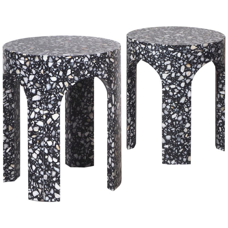 2 Loggia Small Side Table or Black Terrazzo Marble by Portego For Sale