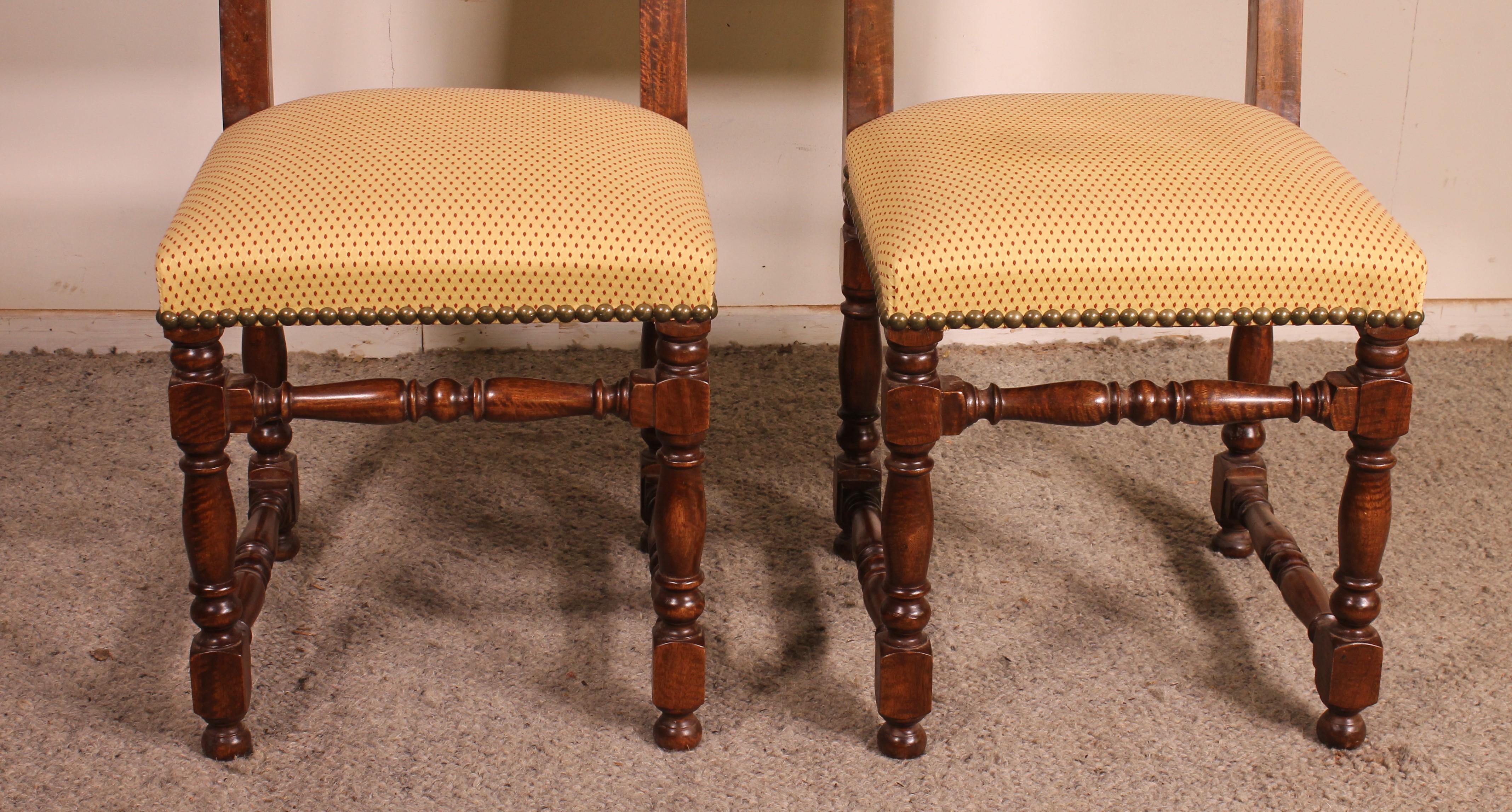 lovely pair of 2 Louis XIII style walnut chairs (20 century) 
The chairs are from France are in perfect condition. The chairs have been checked, repolished and reupholstered by our upholsterer.

The chairs are very comfortable and have a good