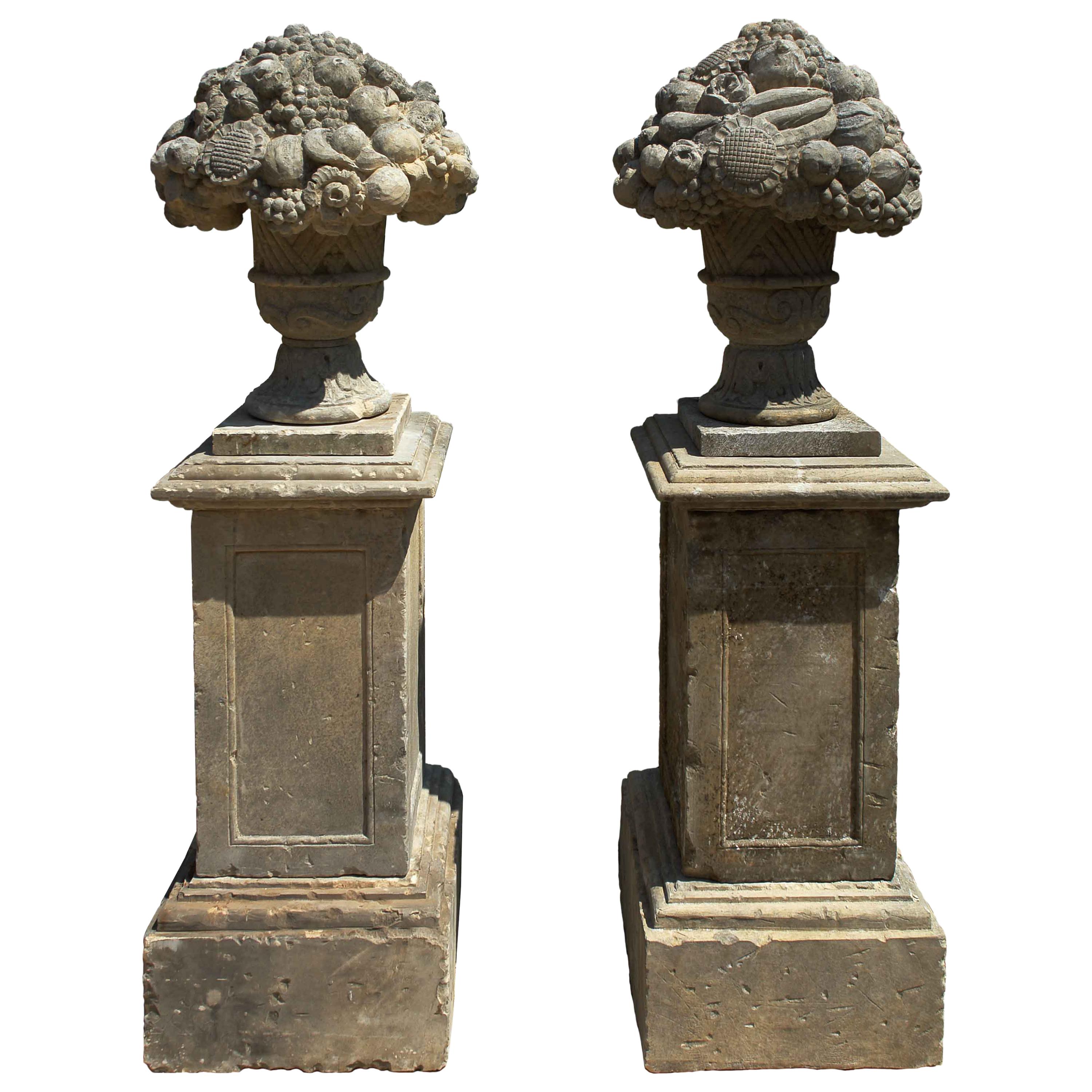 2 Louis XIV Style Fruits-Urns with Pedestal Hand-Carved in Pure Limestone For Sale