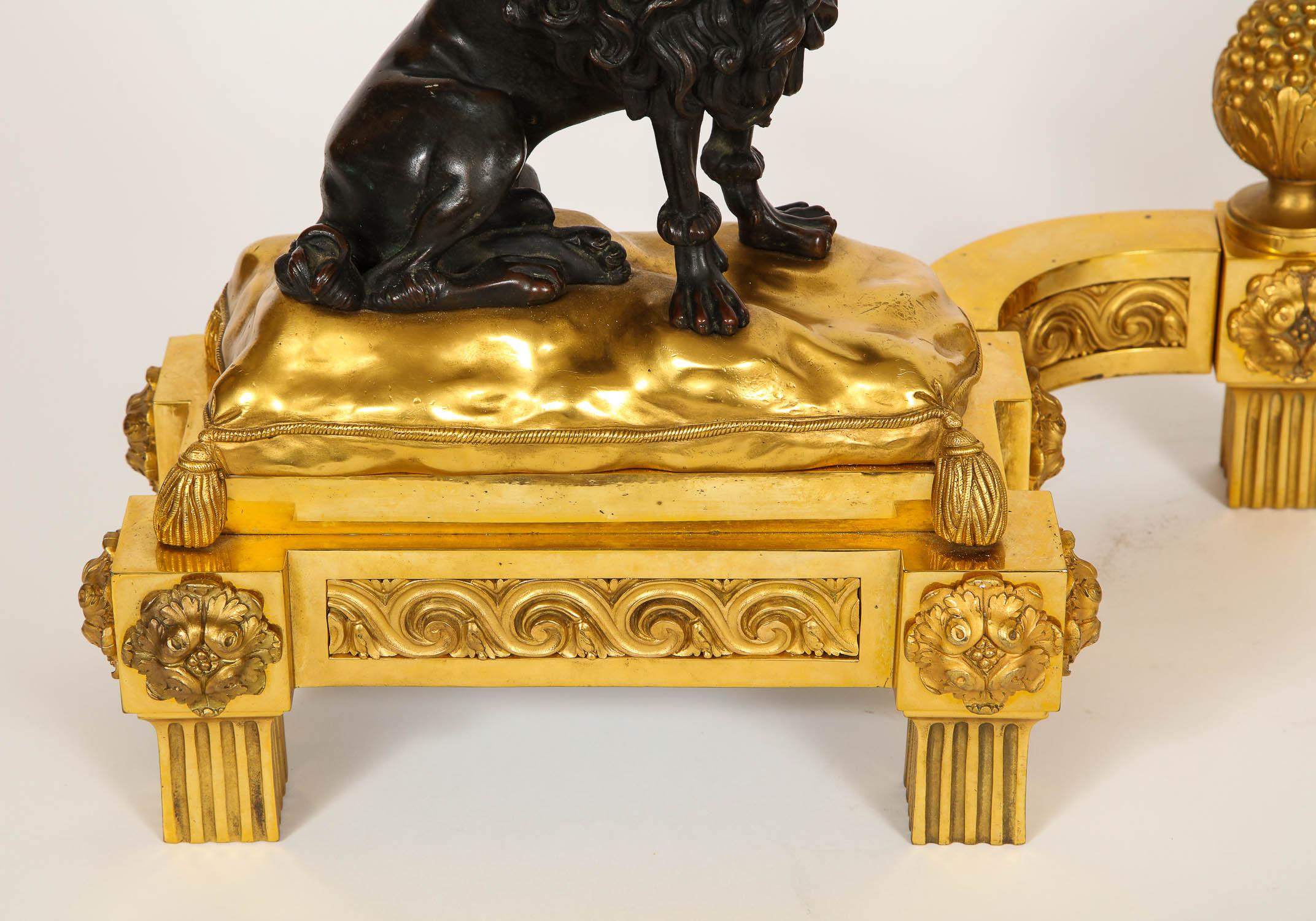 Gilt Pair Louis XVI Ormolu Patinated Bronze Dog and Cat Chenets For Sale