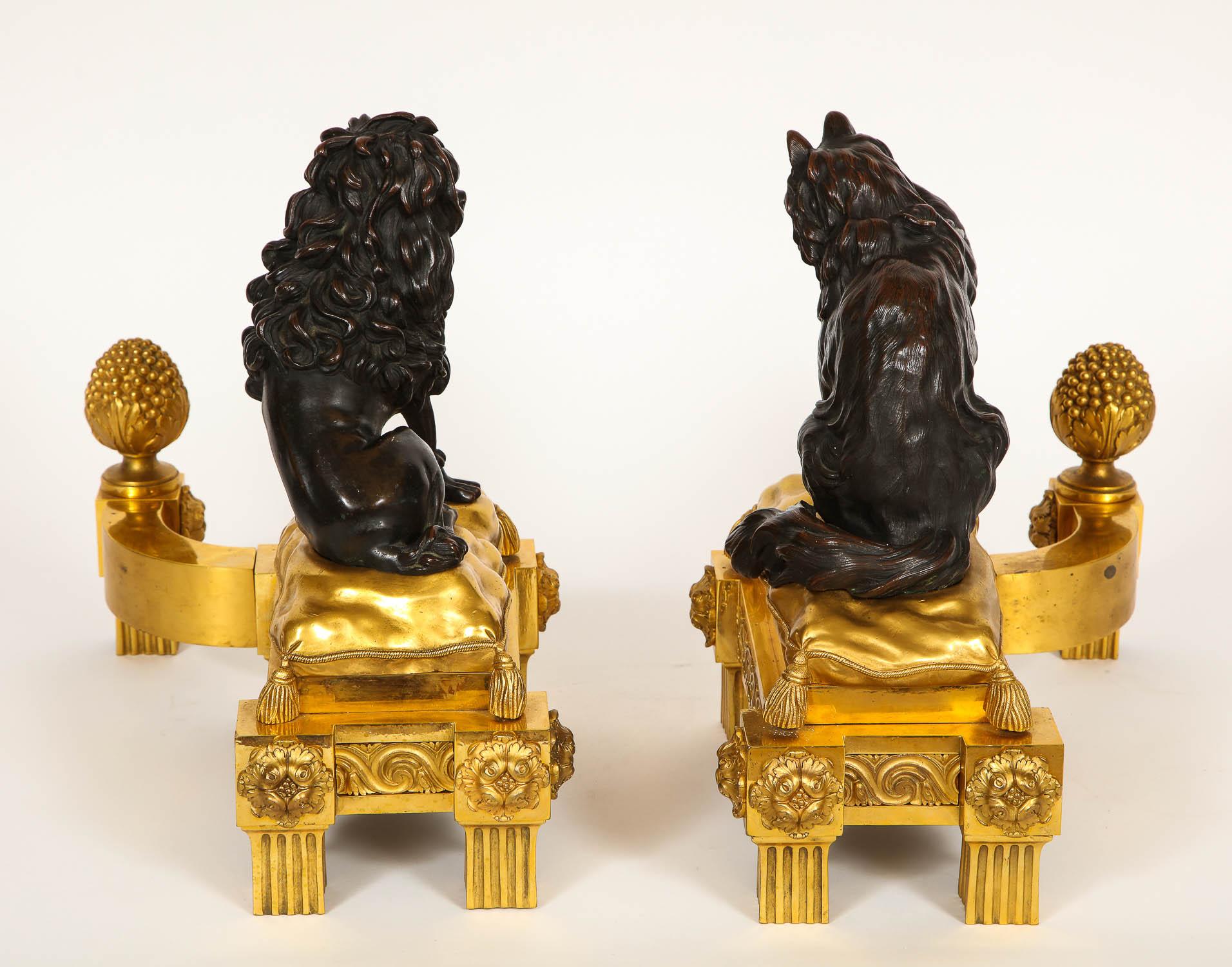 Mid-19th Century Pair Louis XVI Ormolu Patinated Bronze Dog and Cat Chenets For Sale