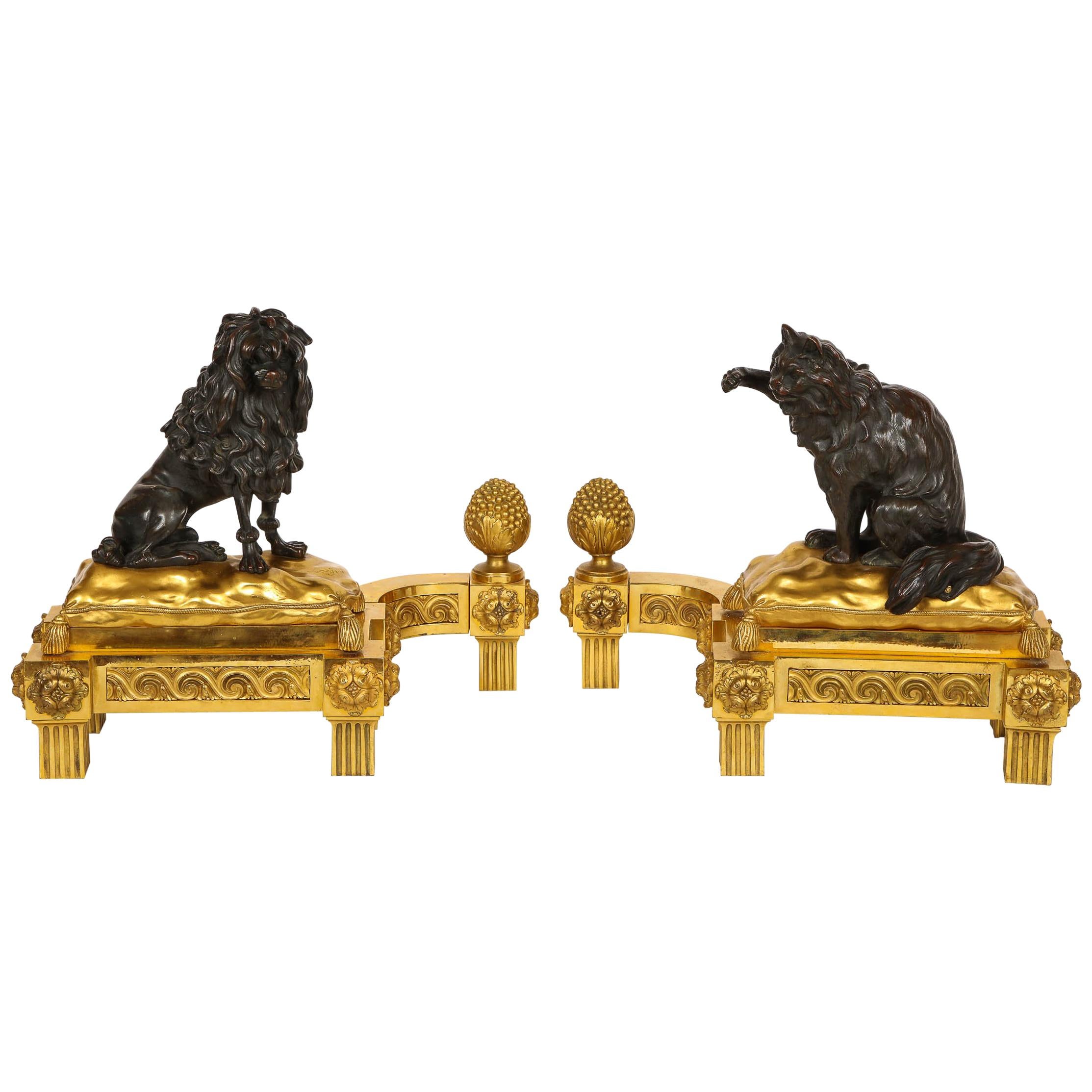 Pair Louis XVI Ormolu Patinated Bronze Dog and Cat Chenets