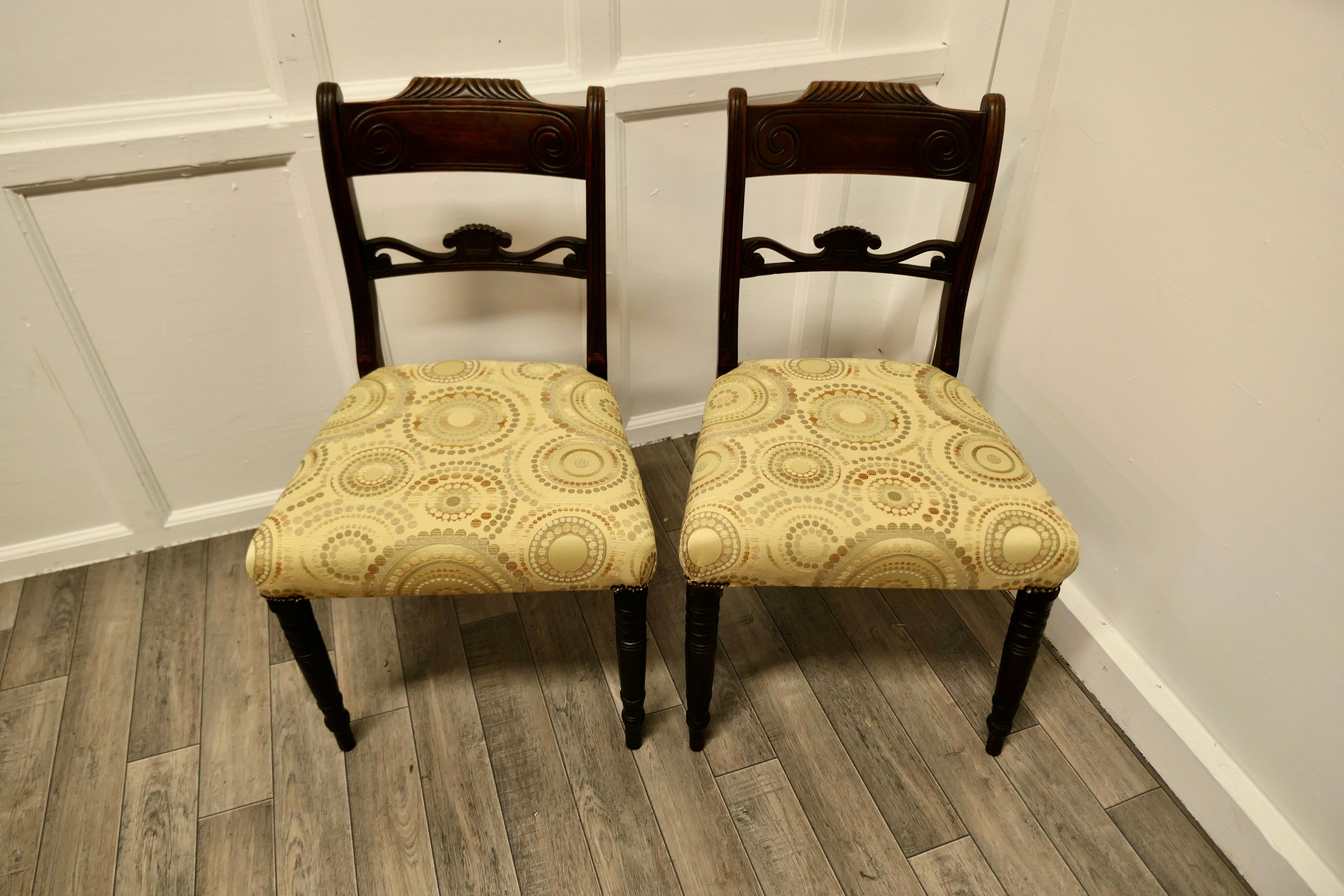 Silk 2 Lovely Regency Chairs with new Upholstered Seats  For Sale