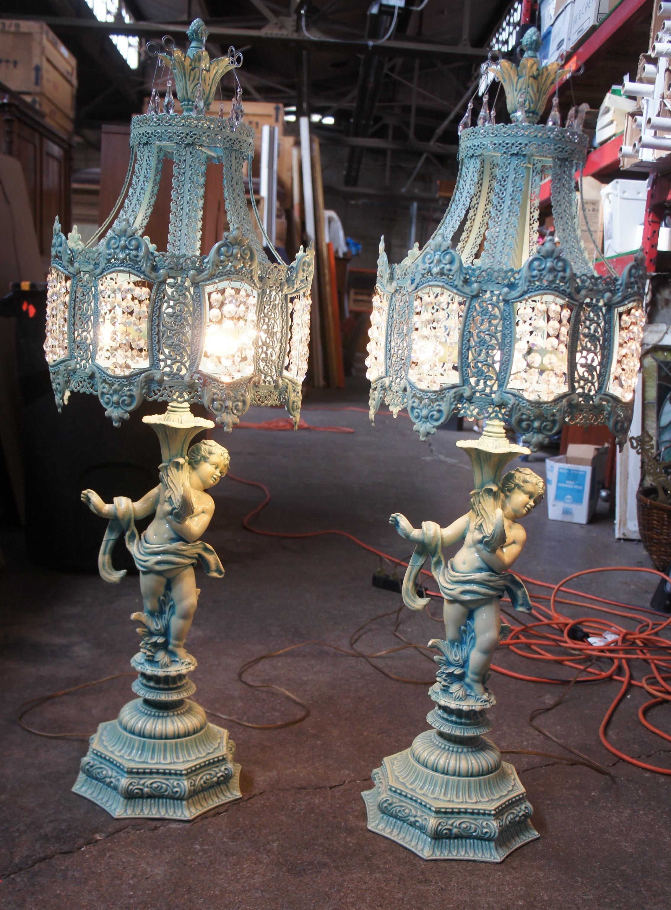 Baroque 2 Lovesky & Lovesky Mid Century Ornate Angel Cherub Cupid Lamps Crystals MCM