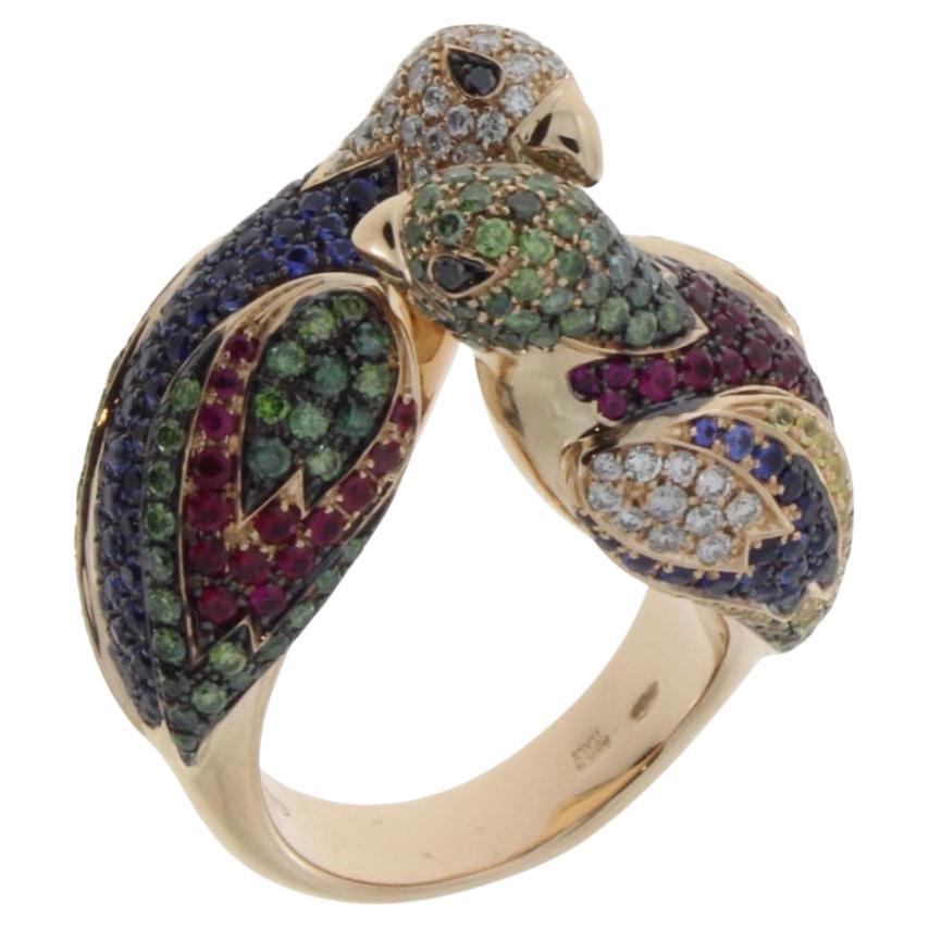 2 Loving Birds White and Green Diamond Sapphire Pavè Fashion 18kt Gold Ring For Sale