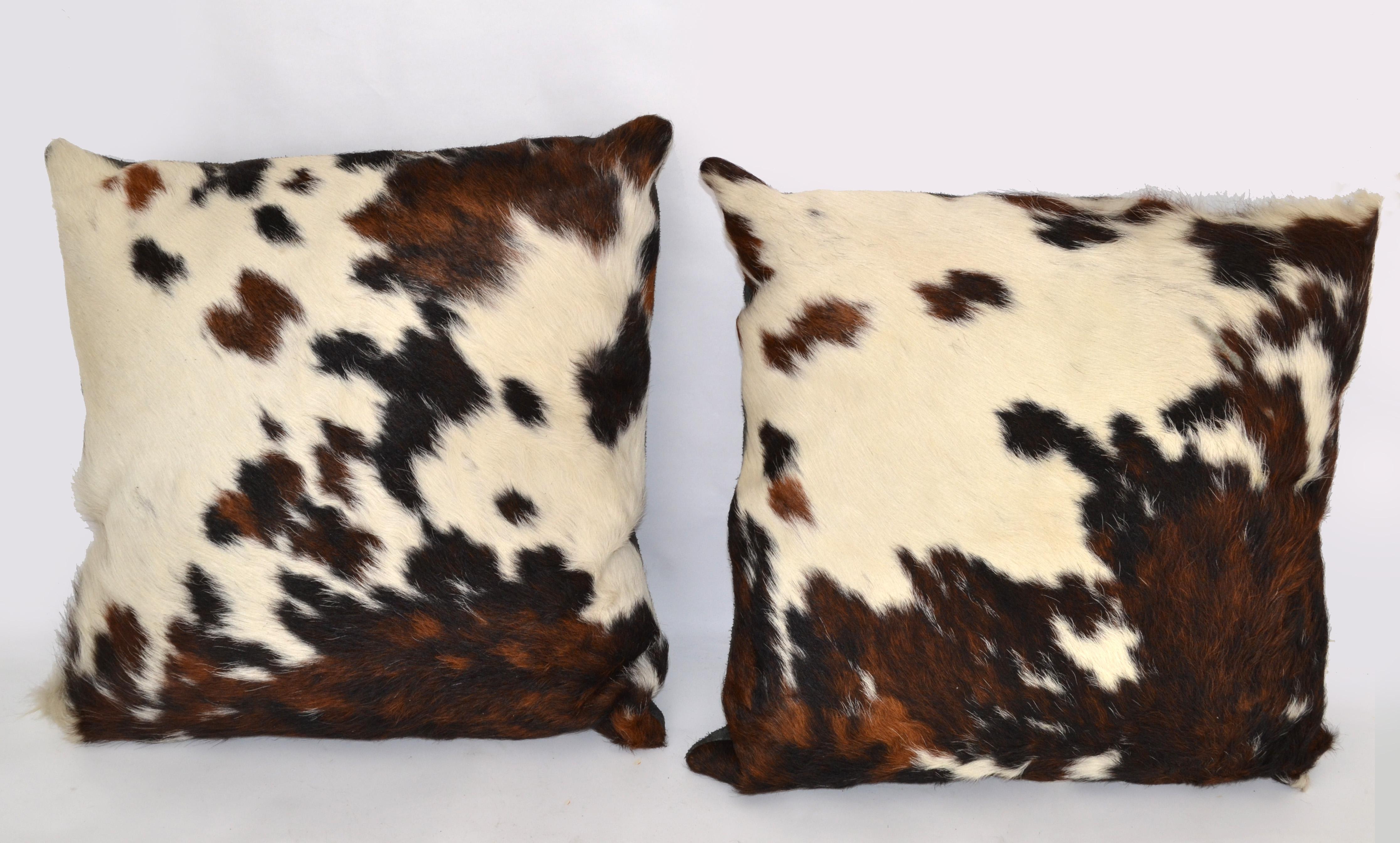 Pair of 2 Luxury Brown & Ivory Fur Throw Pillow in Genuine Pony Horse & Gray Suede. 
Complete pillows, filled with foam & closure is the classic middle zipper. 
Both Pillows are in good vintage condition with no smell, repairs or damages. 
The