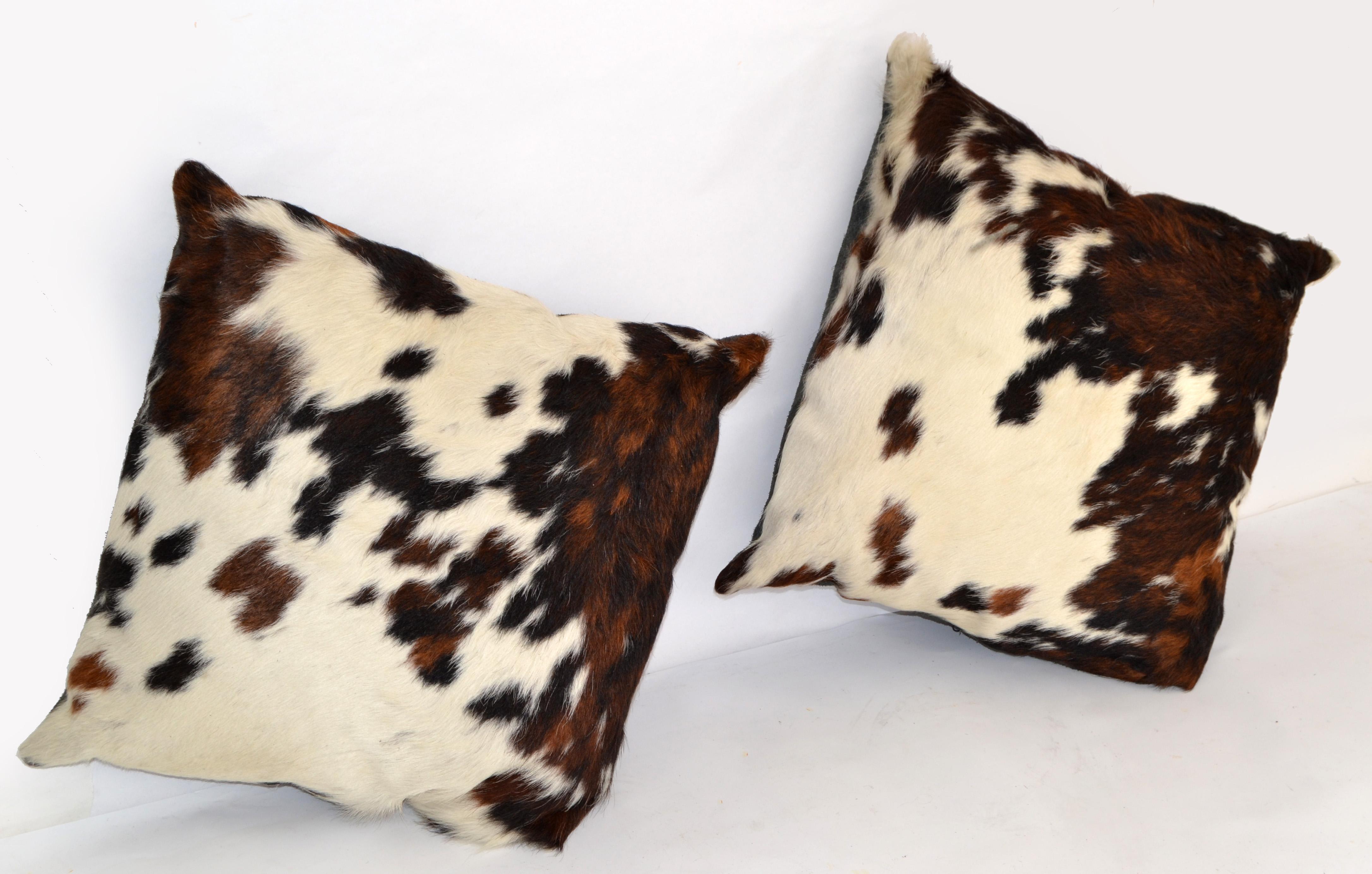 Mid-Century Modern 2 Luxury Brown & Ivory Fur Throw Pillow Genuine Pony Horse & Suede Foam Filled  For Sale