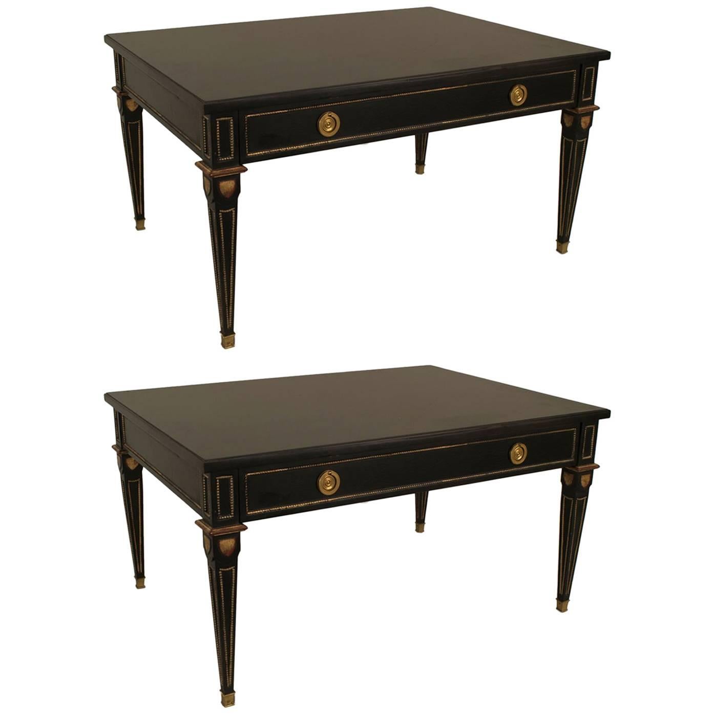 2 Maison Jansen French Louis XVI Style Ebonized and Gilt Coffee Tables