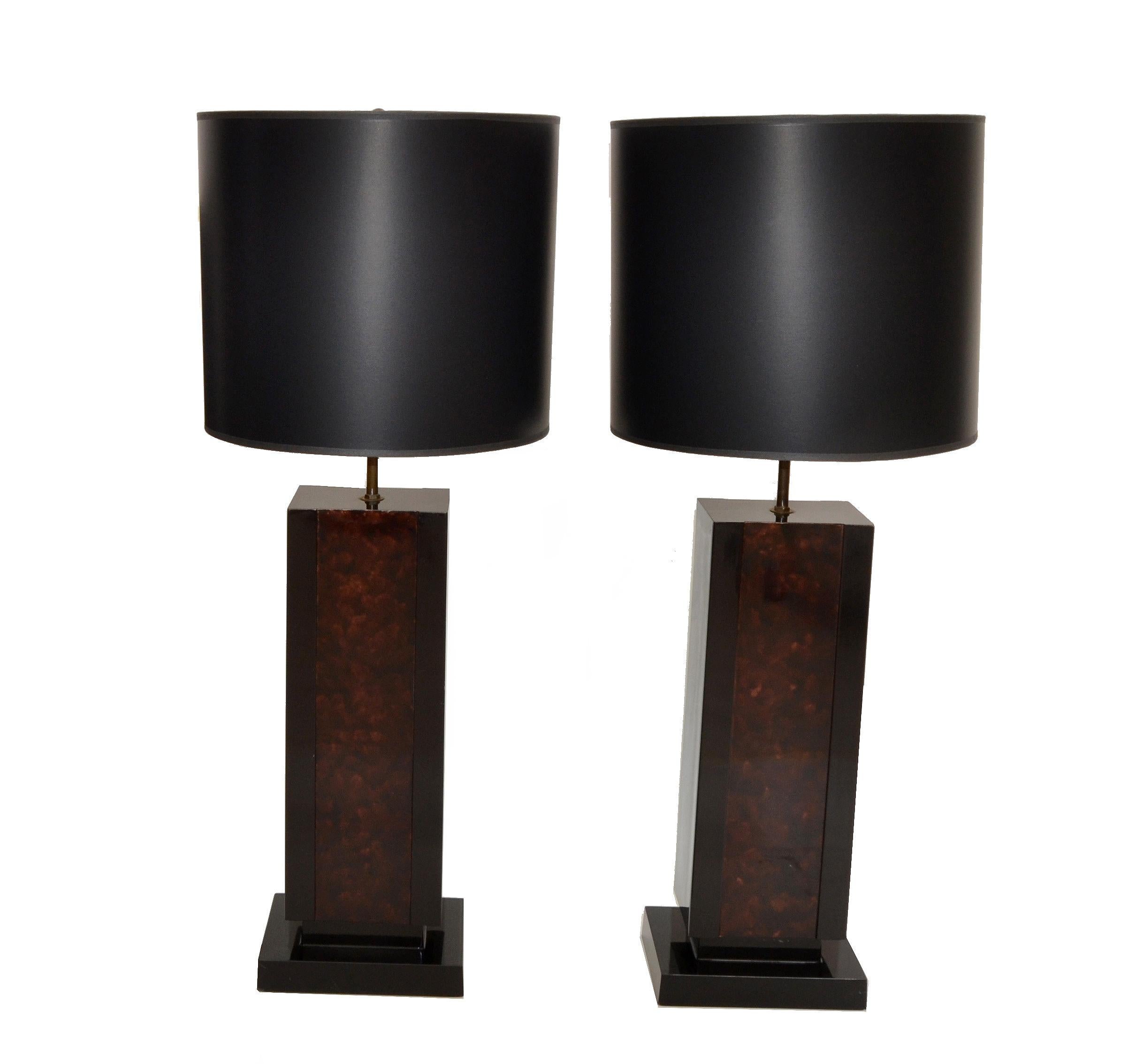 2 Maison Lancel Brass, Bronze & Black Glass French Mid-Century Modern Table Lamp For Sale 8