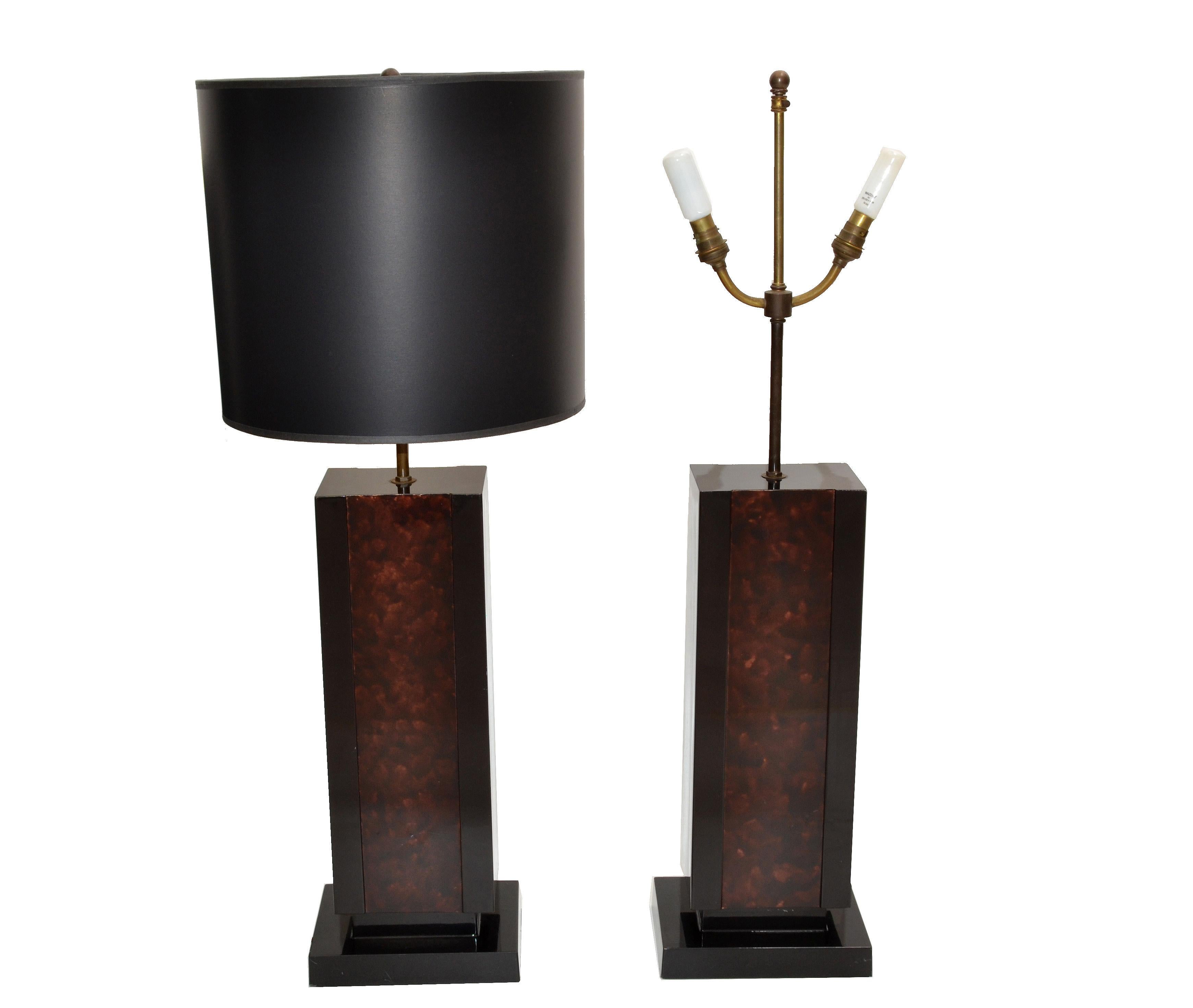 Hand-Crafted 2 Maison Lancel Brass, Bronze & Black Glass French Mid-Century Modern Table Lamp For Sale