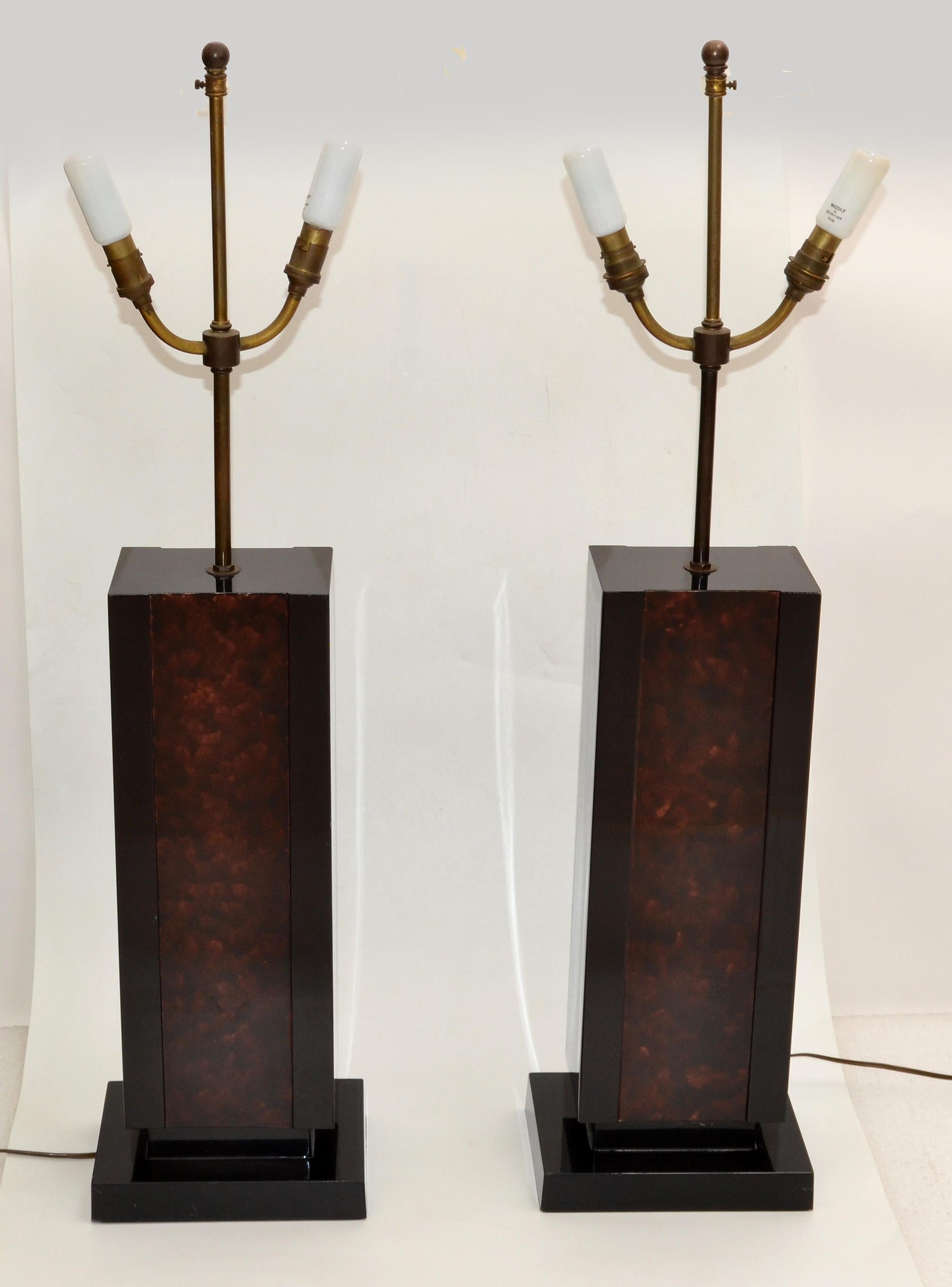 2 Maison Lancel Brass, Bronze & Black Glass French Mid-Century Modern Table Lamp In Good Condition For Sale In Miami, FL