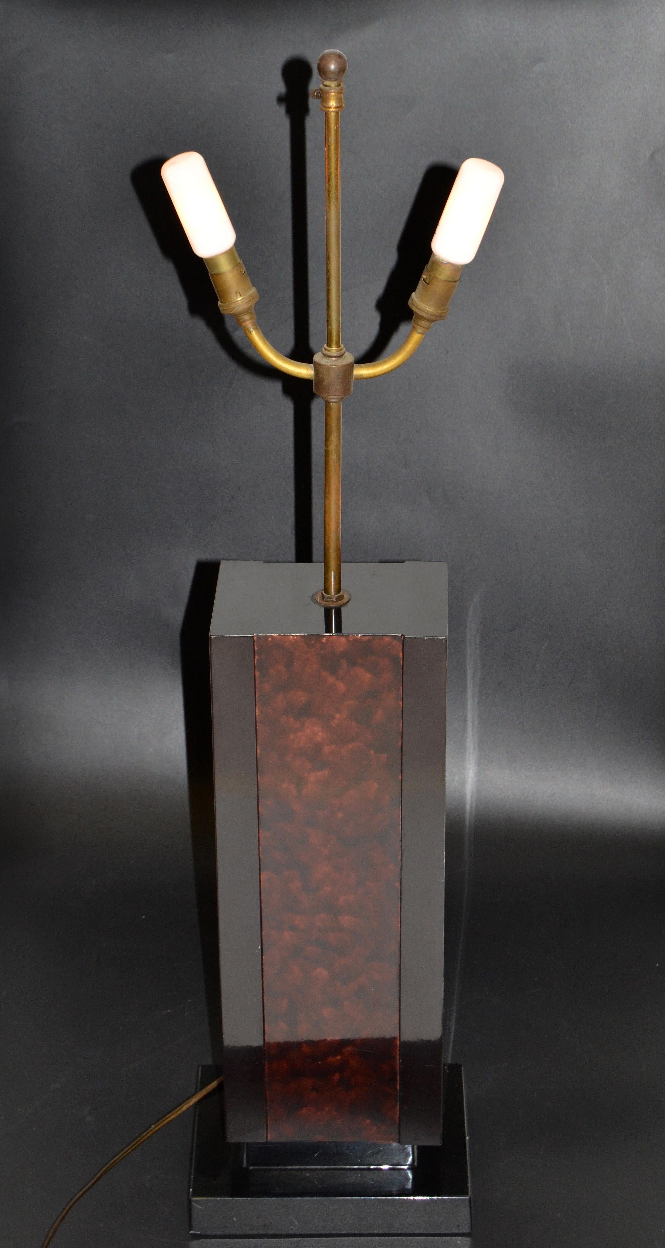 Late 20th Century 2 Maison Lancel Brass, Bronze & Black Glass French Mid-Century Modern Table Lamp For Sale