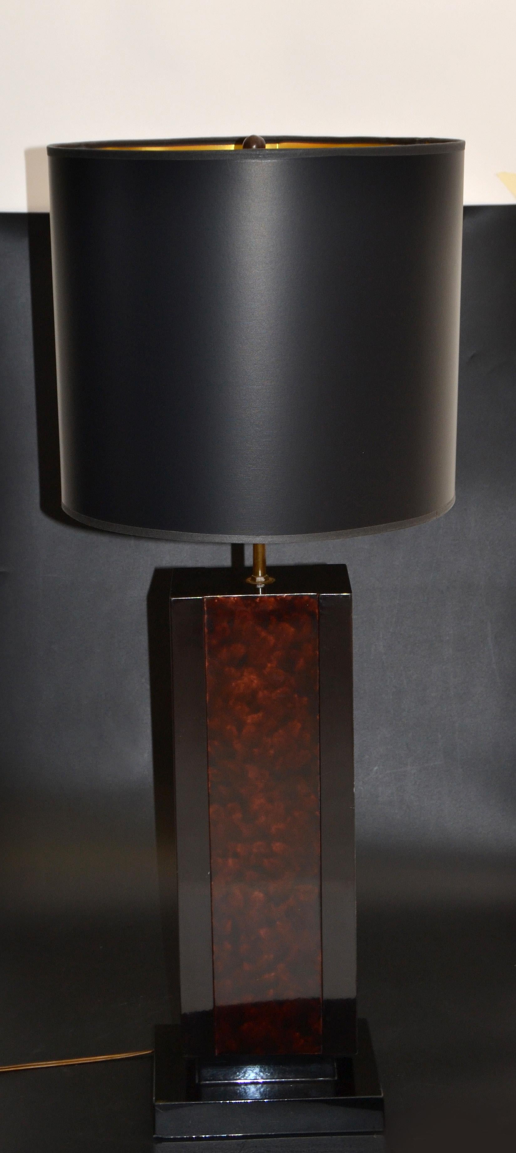 Belgian Black Marble 2 Maison Lancel Brass, Bronze & Black Glass French Mid-Century Modern Table Lamp For Sale