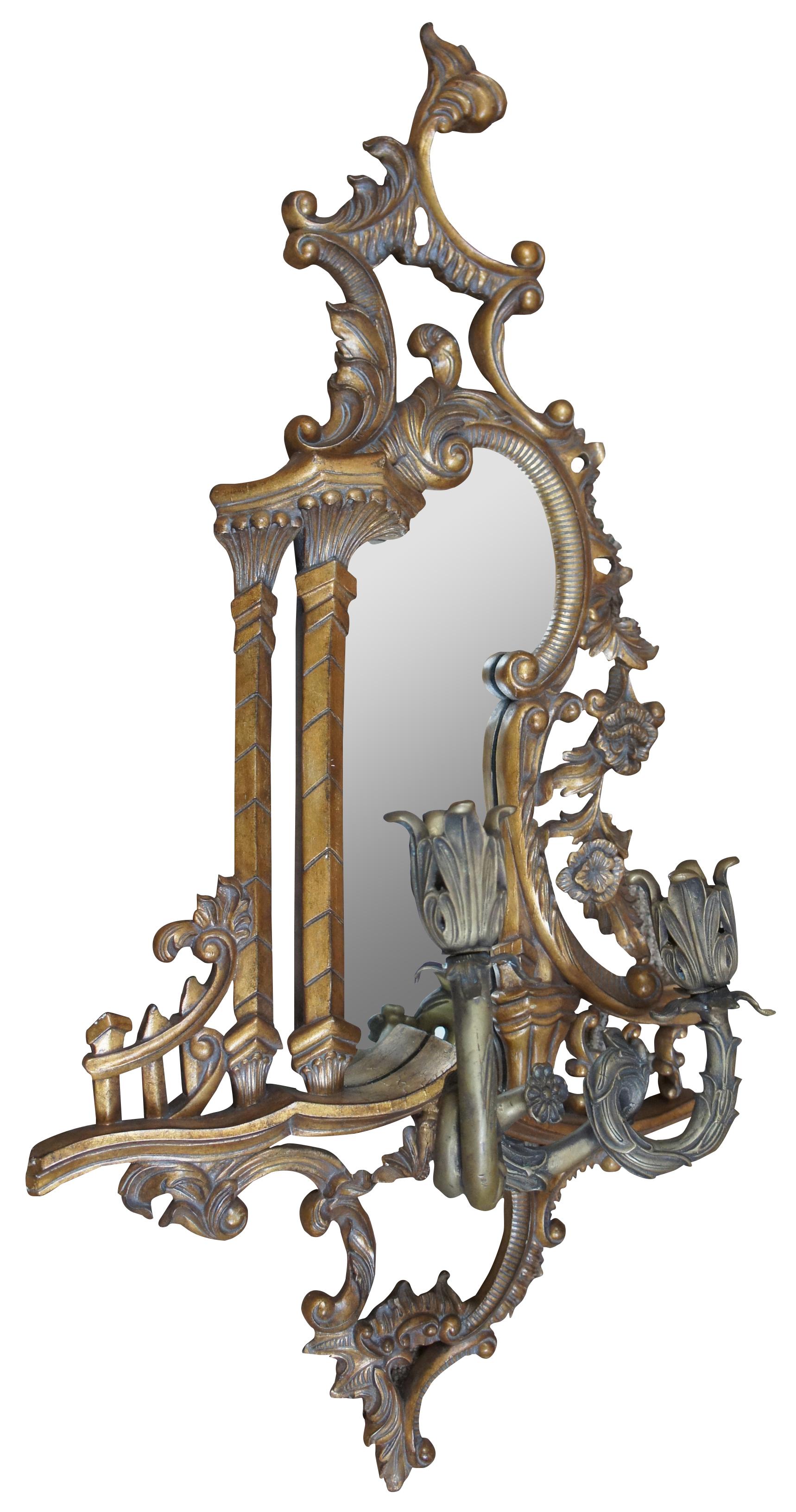 Ornate pair of Baroque or Rococo style gold wall mirrors with two brass floral candleholders by Maitland Smith. Made in Indonesia, Product Info - 1648-013, 3S05148-0010, 439G-MSI. Measure: 40