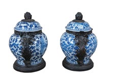 2 Maitland Smith Blue & White Chinoiserie Porcelain Bronze Ginger Jars Urns Pair