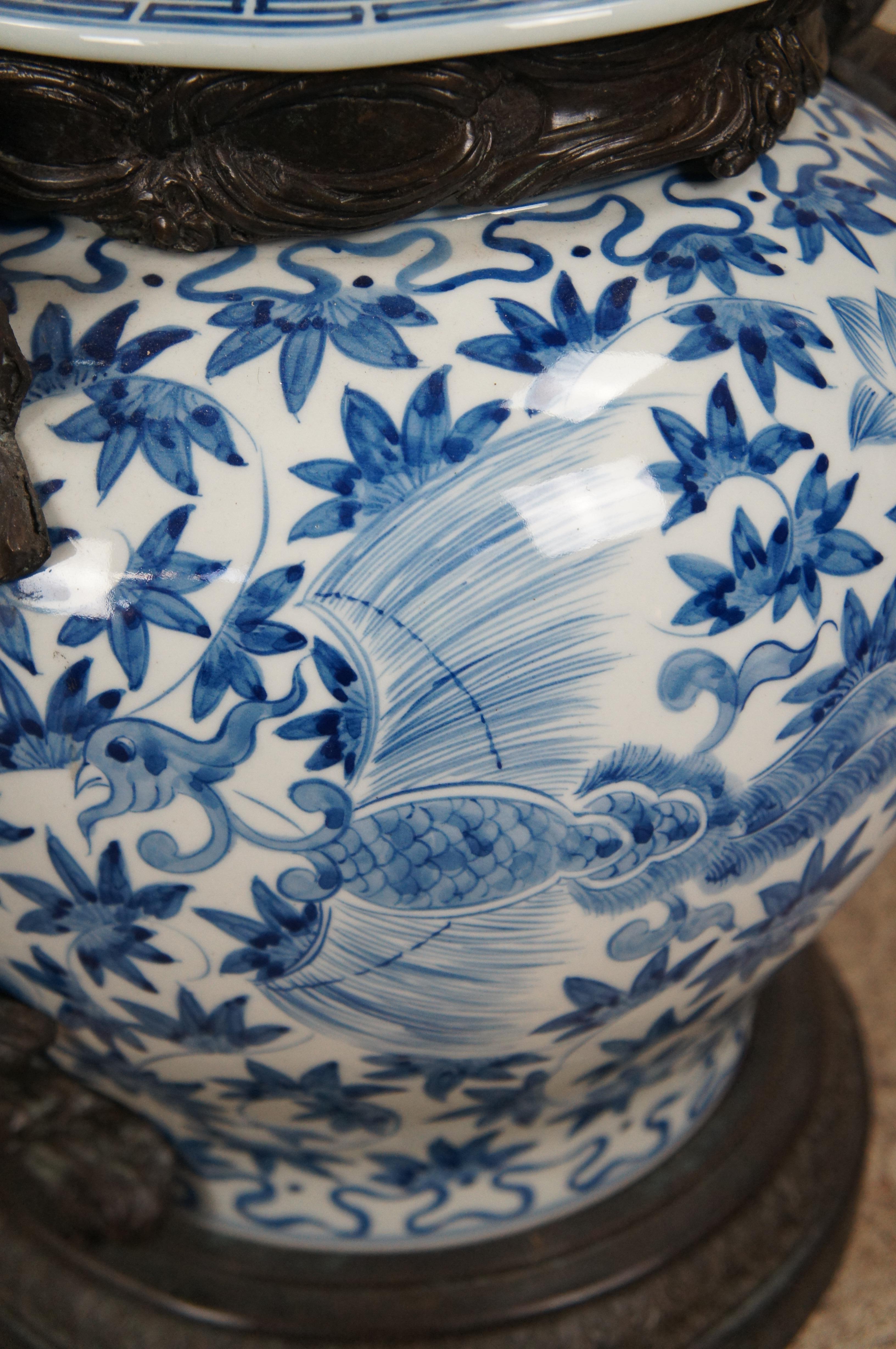 20th Century 2 Maitland Smith Blue & White Chinoiserie Porcelain Bronze Ginger Jars Urns Pair