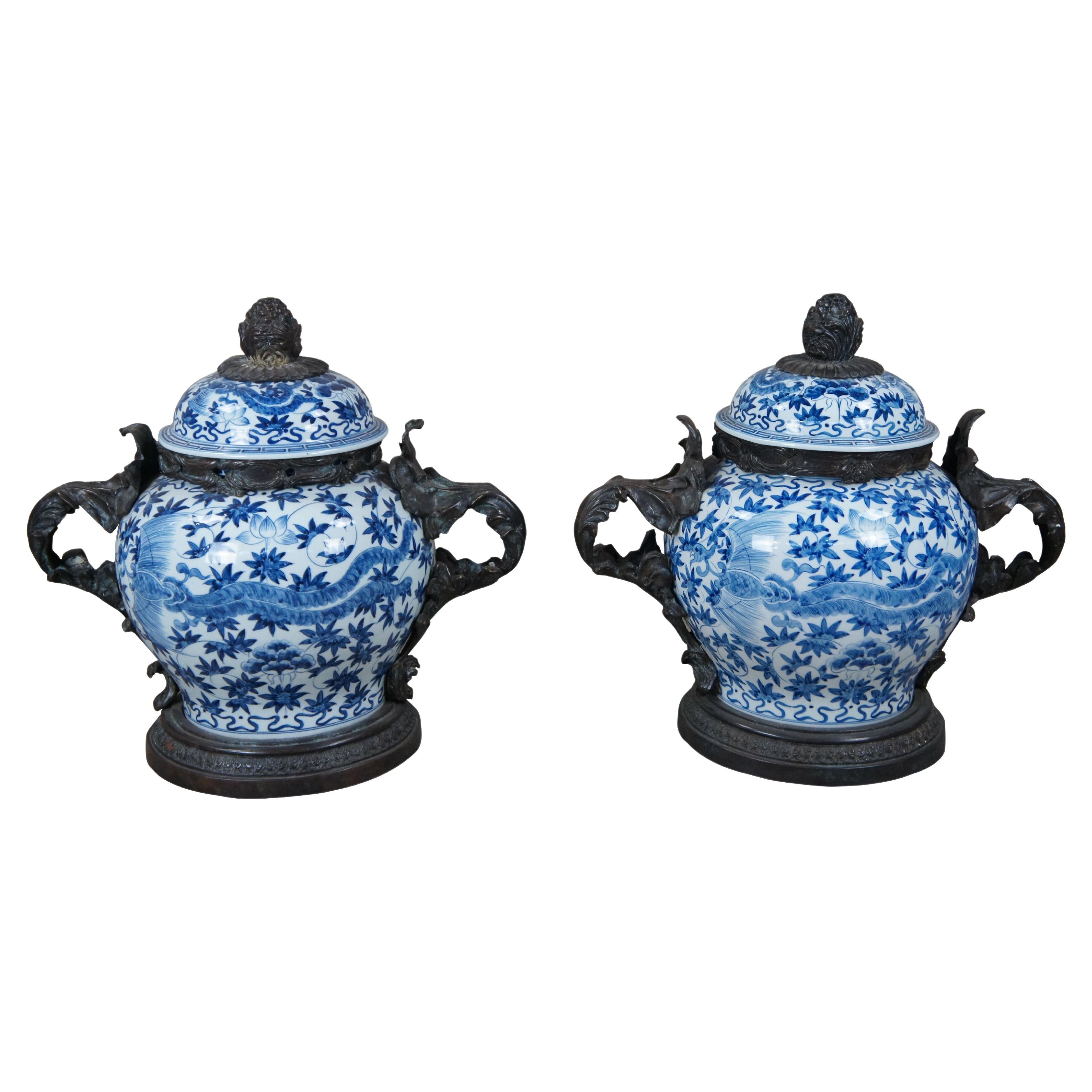 2 Maitland Smith Blue & White Chinoiserie Porcelain Bronze Ginger Jars Urns Pair