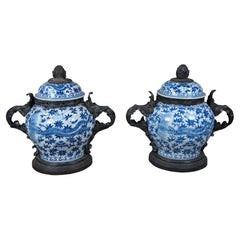 Vintage 2 Maitland Smith Blue & White Chinoiserie Porcelain Bronze Ginger Jars Urns Pair