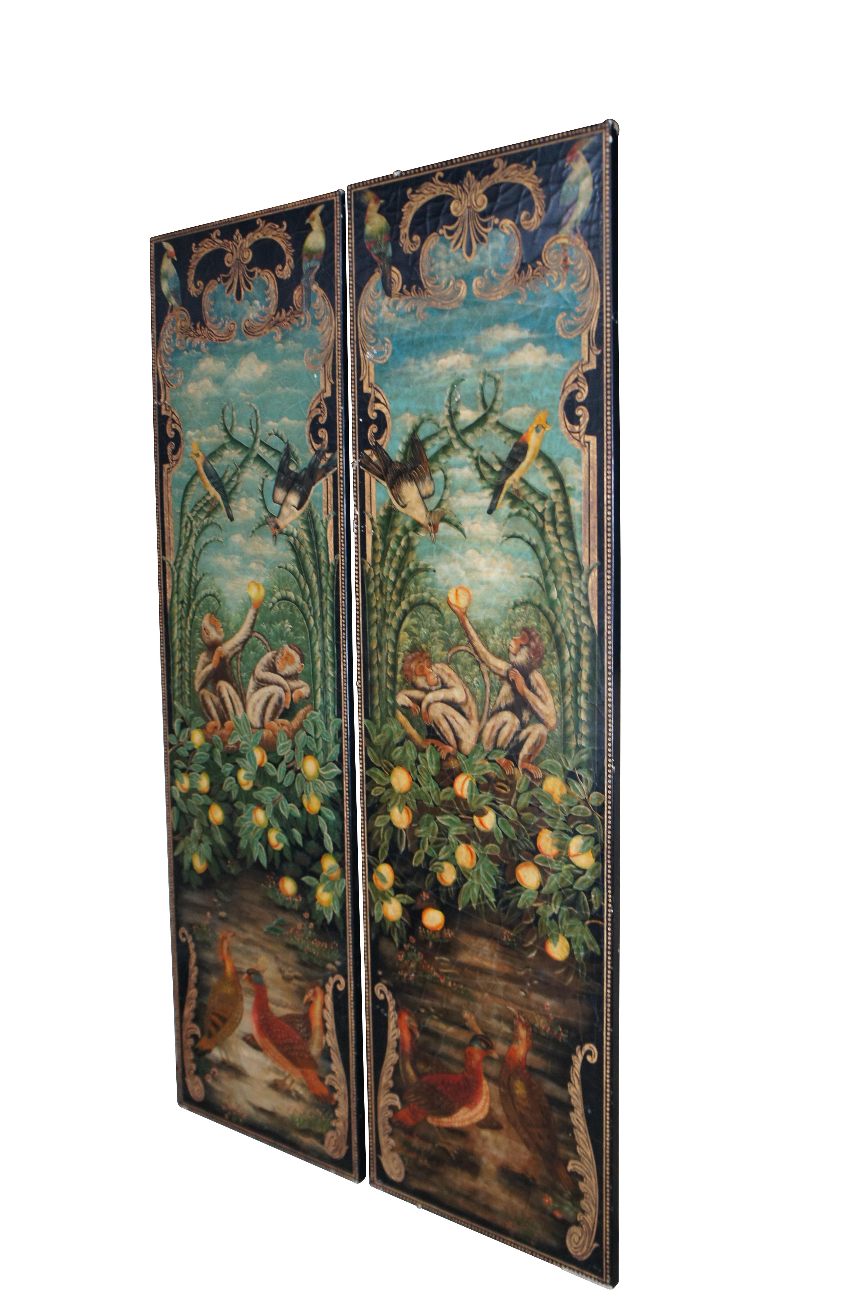 Pair of hand painted Maitland Smith wall panels.  Features a crackled landscape with monkeys holding peaches in a tropical setting amongst birds.  Each panel is set within a black and gold neoclassical border.  A fun pair that will display well in