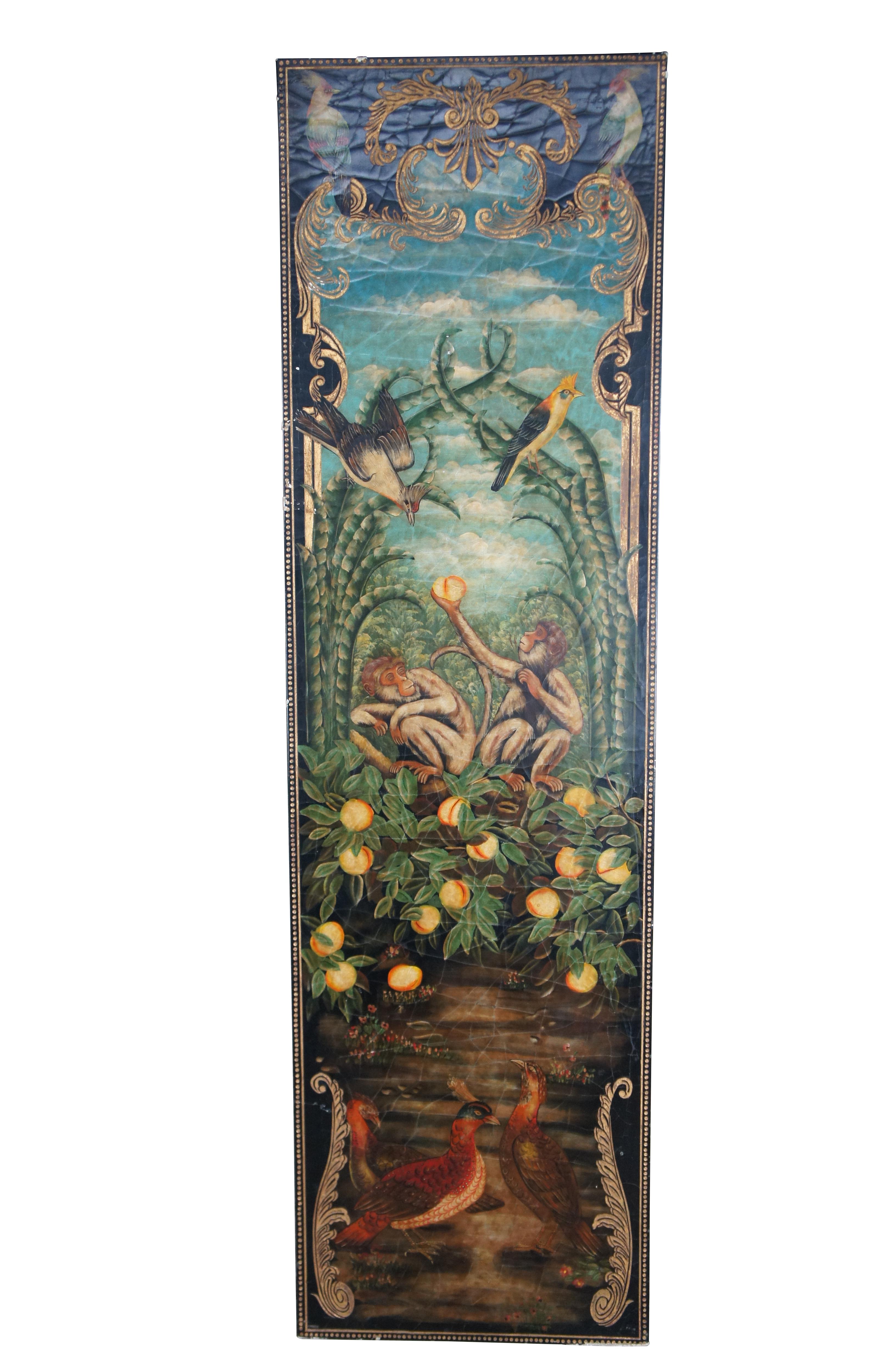 British Colonial 2 Maitland Smith Hand Painted Monkey Landscape Crackled Coromandel Wall Panel For Sale