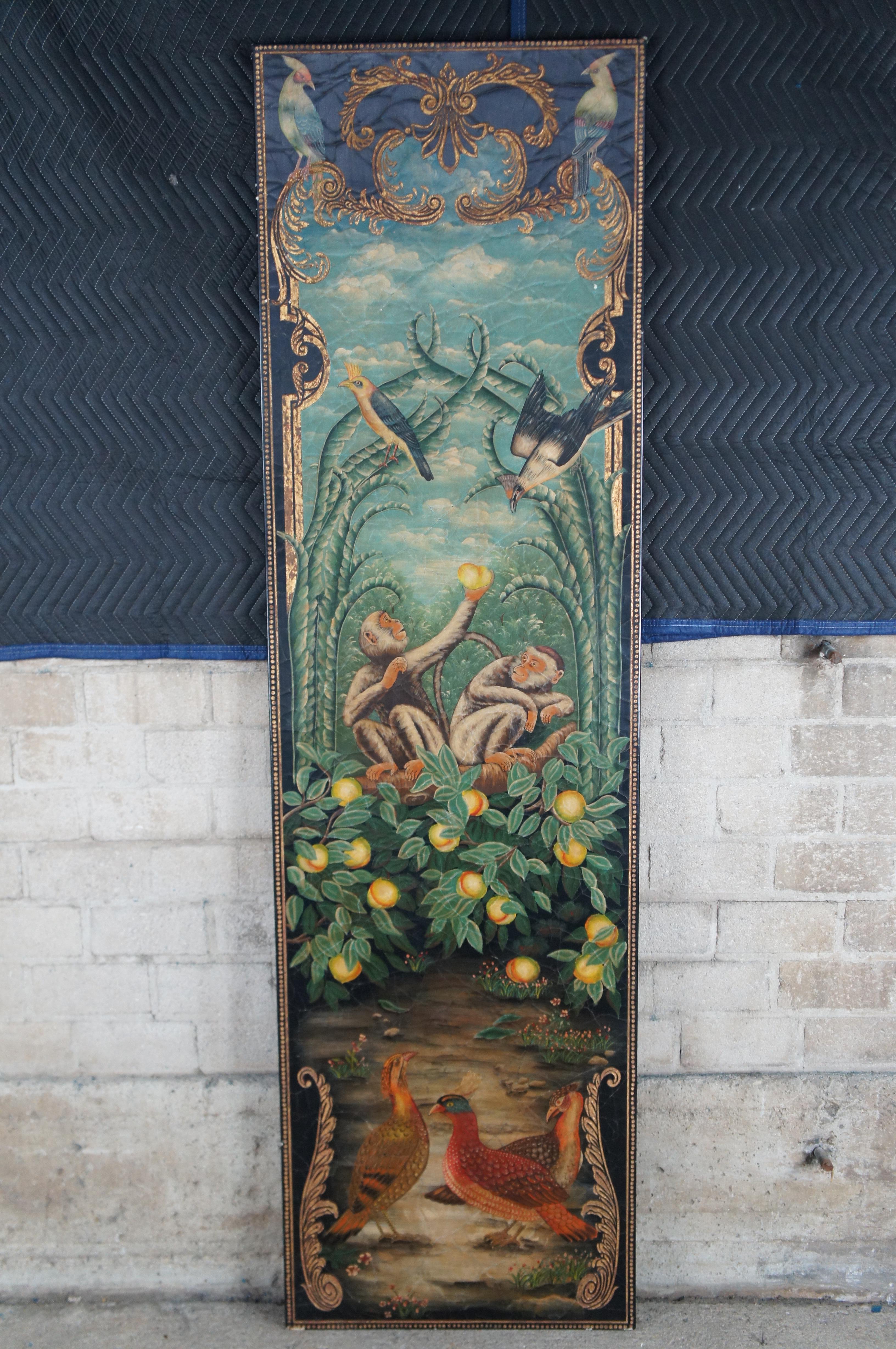 2 Maitland Smith Hand Painted Monkey Landscape Crackled Coromandel Wall Panel In Fair Condition For Sale In Dayton, OH