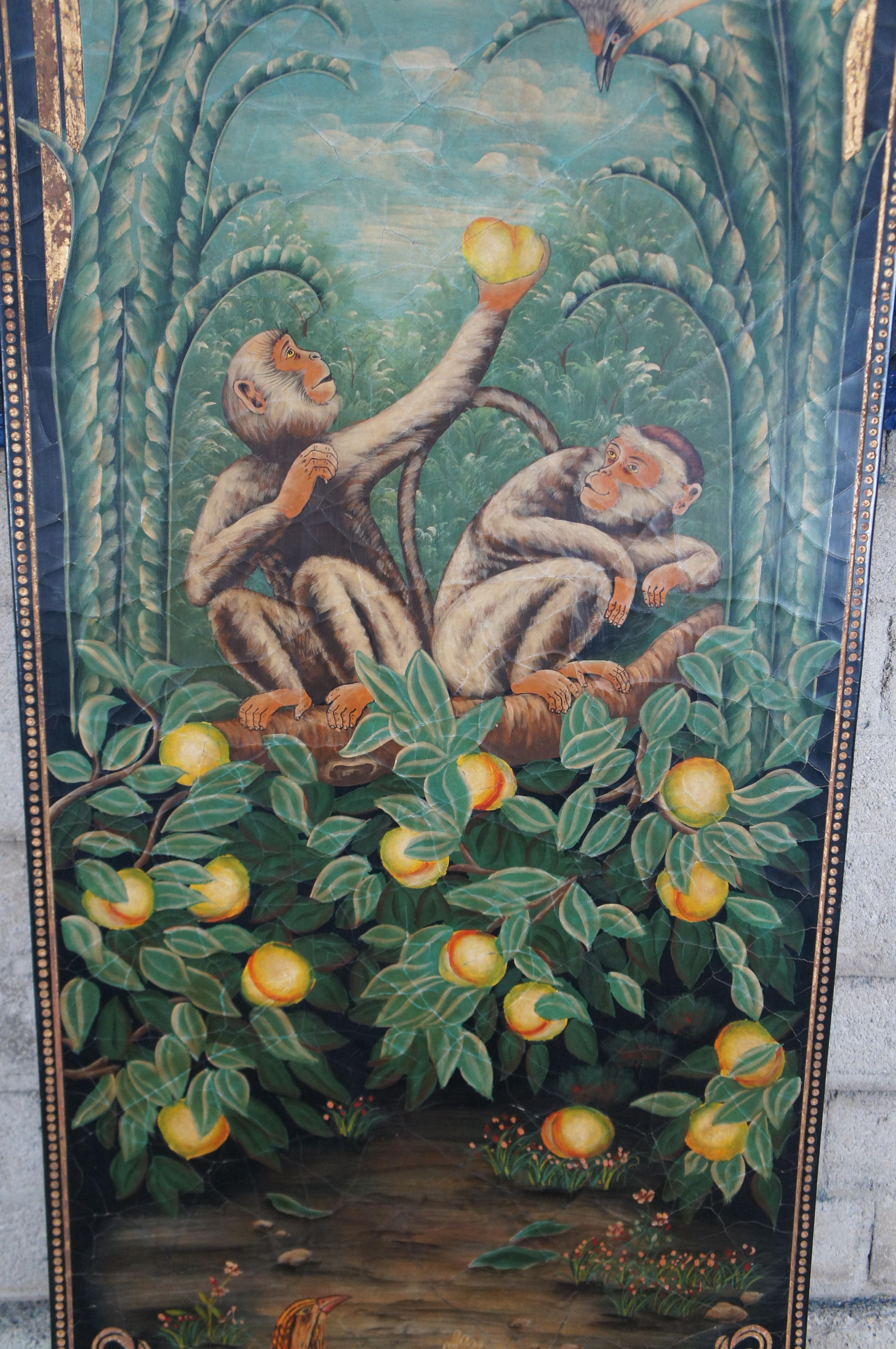 Hardwood 2 Maitland Smith Hand Painted Monkey Landscape Crackled Coromandel Wall Panel For Sale