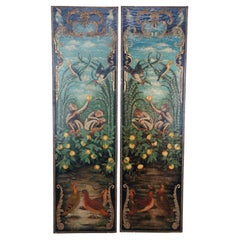 2 Maitland Smith Hand Painted Monkey Landscape Crackled Coromandel Wall Panel