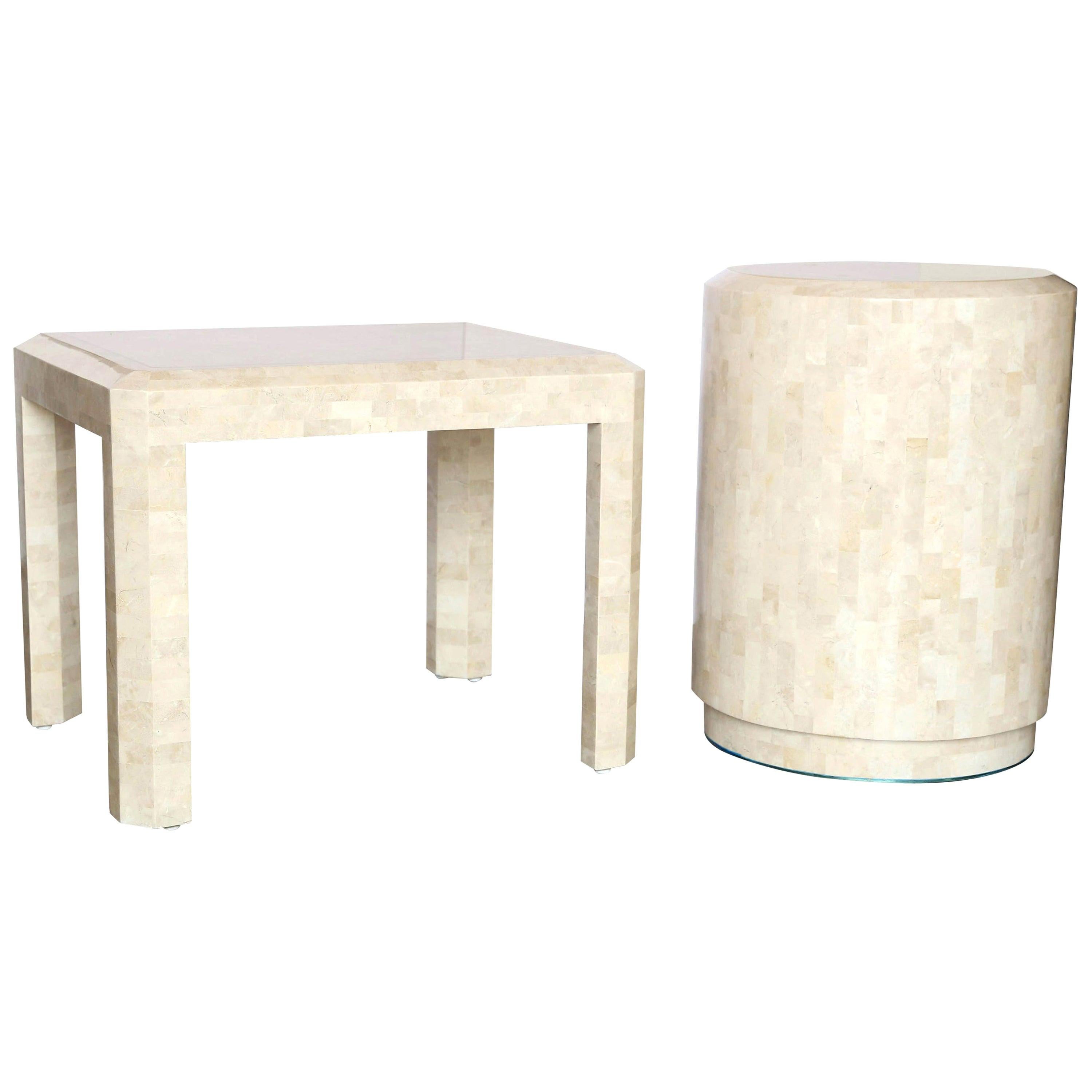 2 Maitland-Smith Ivory & Tan Tessellated Fossil w/ Inlaid Brass Band Side Tables For Sale