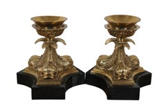 2 Bougeoirs Ouragan Dauphins en laiton marbré Maitland Smith 9.5"