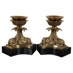 2 Maitland Smith Marble Brass Delphins Dolphins Hurricane Candle Holders 9.5"