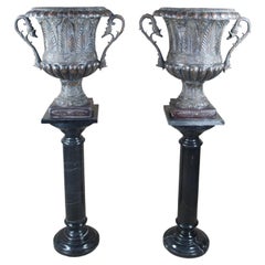 Vintage 2 Maitland Smith Neo Grec Bronze Jardinières Urns Marble Pedestal Stand 62"