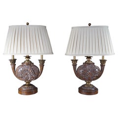 2 Maitland Smith Neoclassical Acanthus Carved Candlestick Buffet Lamps 33"