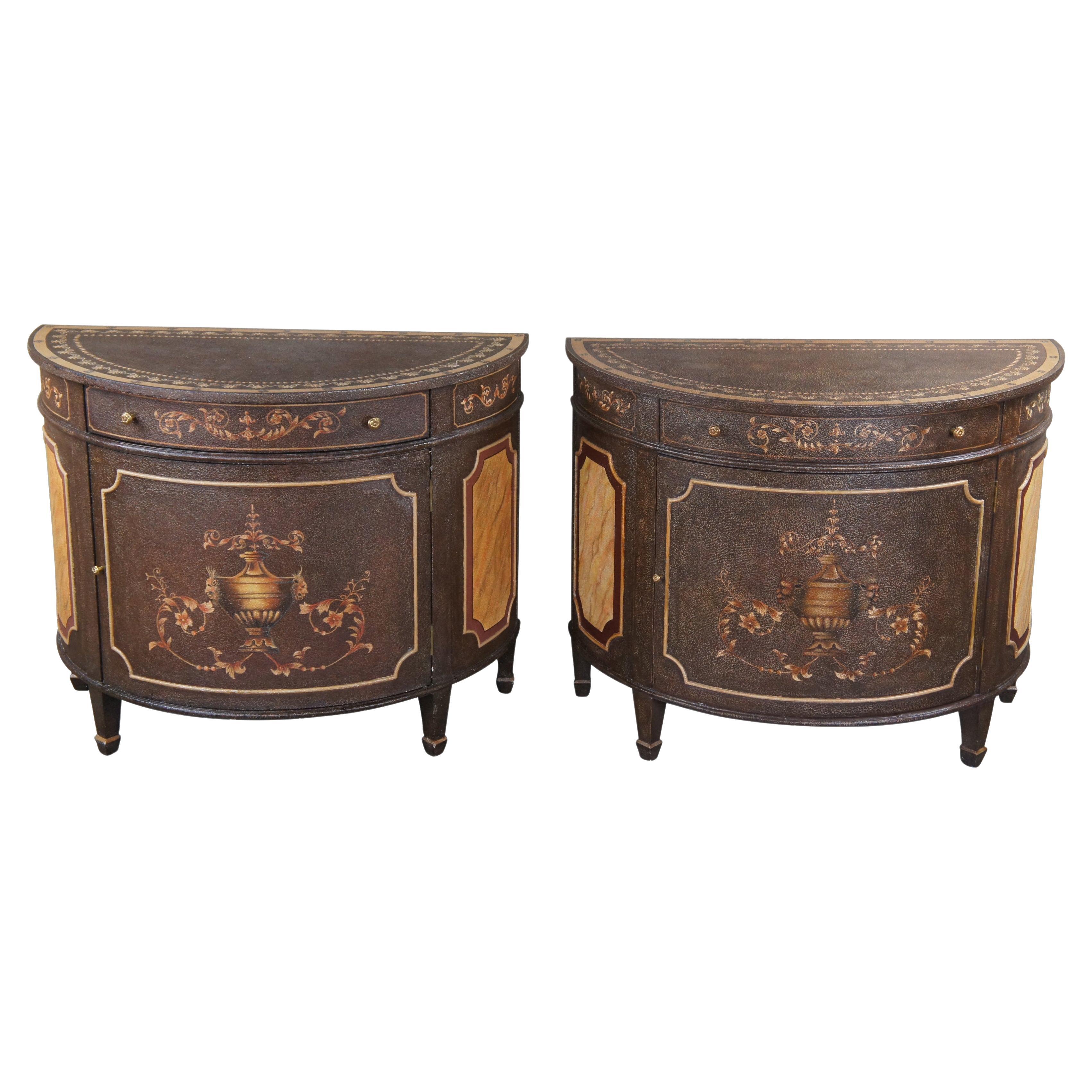 2 Maitland Smith Neoclassical Demilune Chiffonier Cabinet Commode Console Tables