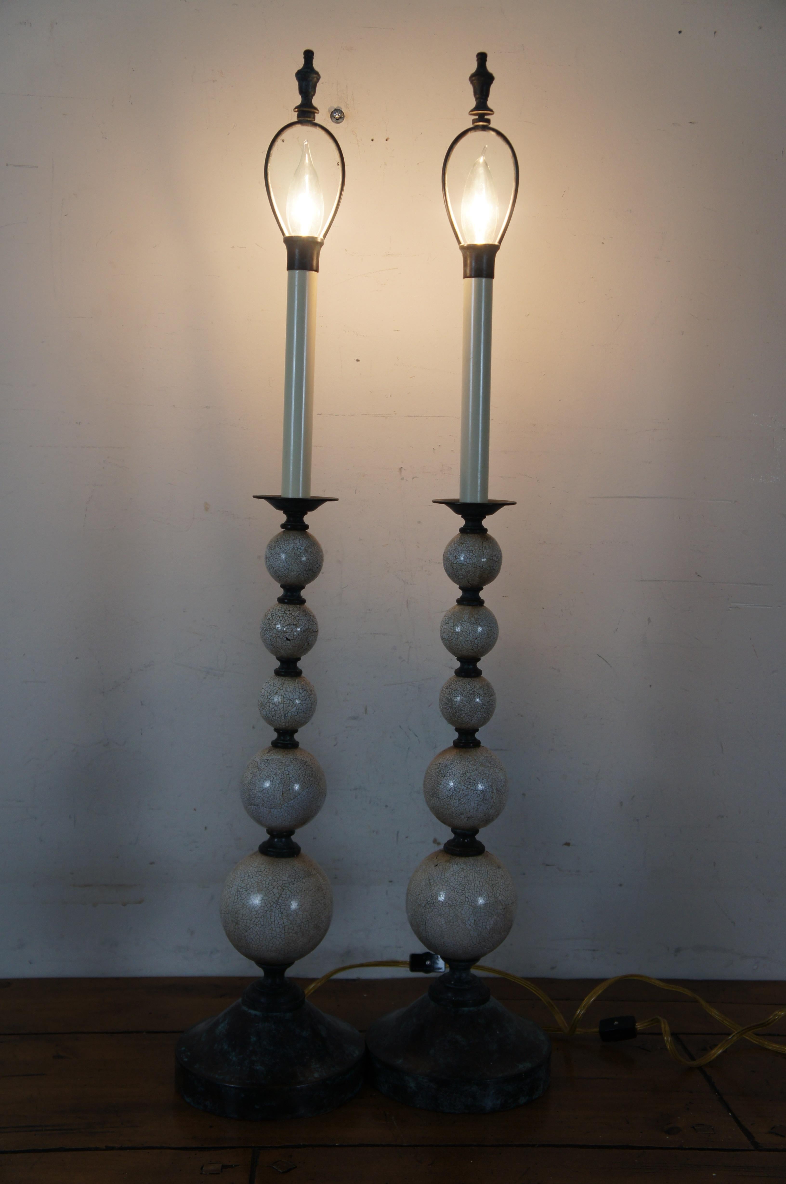 2 Maitland Smith Shell Mosaic Stacked Ball Candlestick Buffet Table Lamps 36