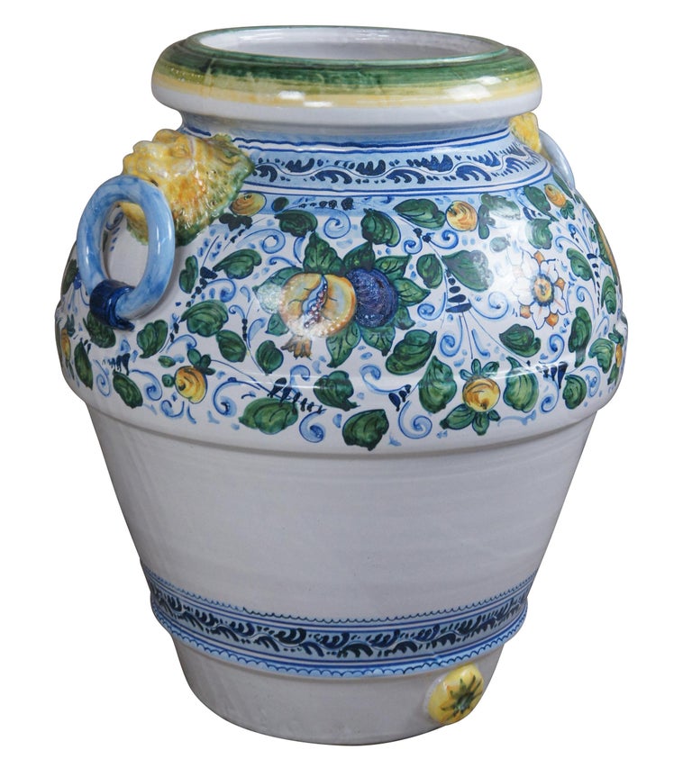 2 Majolica Caffagioli Deruta Tuscan Italian Ceramic Lion Head Jars Vase  Urns For Sale at 1stDibs