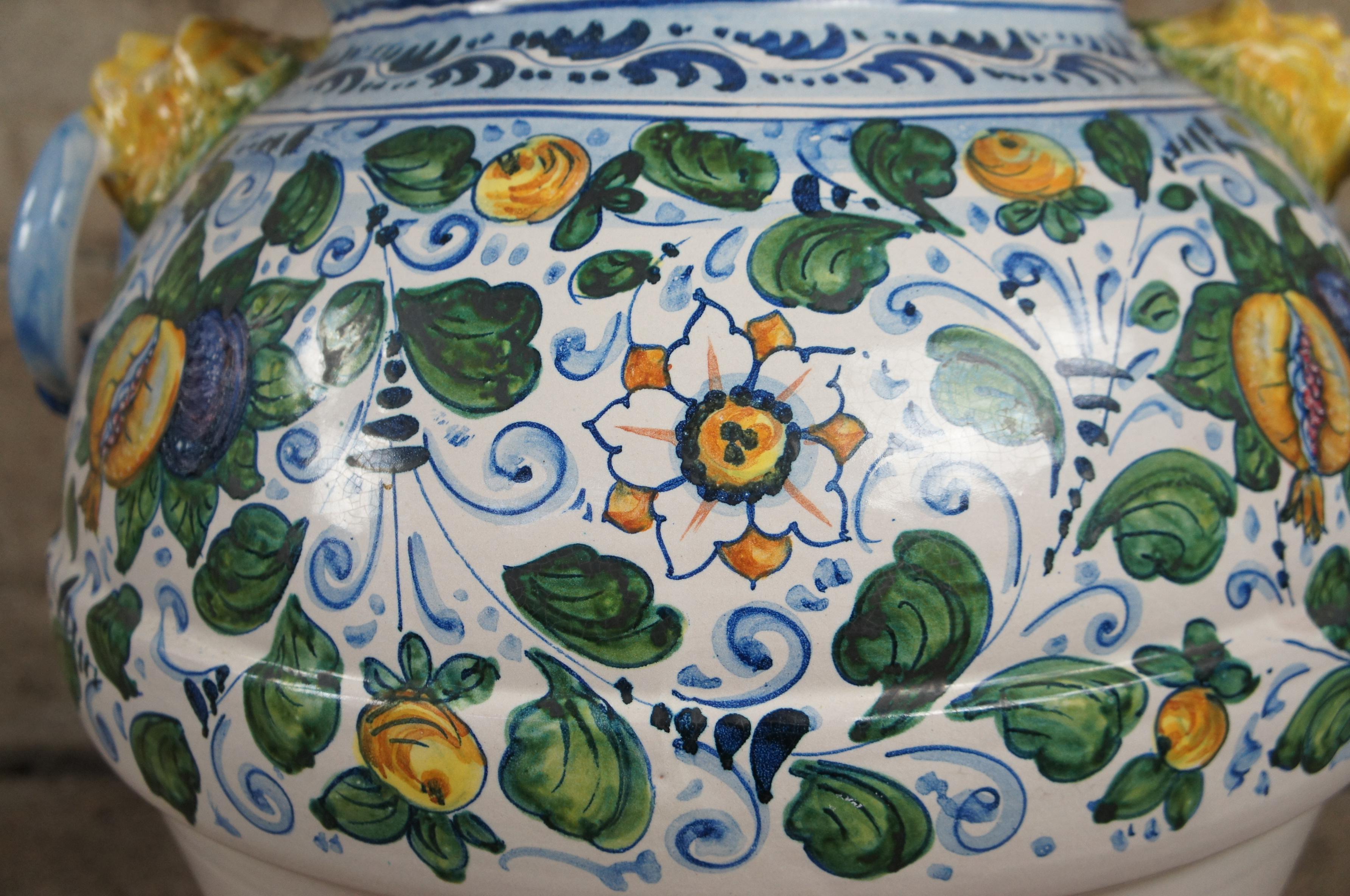 Late 20th Century 2 Majolica Caffagioli Deruta Tuscan Italian Ceramic Lion Head Jars Vase Urns For Sale
