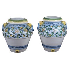 2 Majolica Caffagioli Deruta Tuscan Italian Ceramic Lion Head Jars Vase Urns