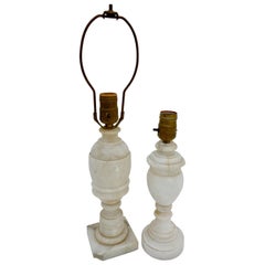 2 Marble Table Lamps, off White, Carved Detail, Round and Square Bases