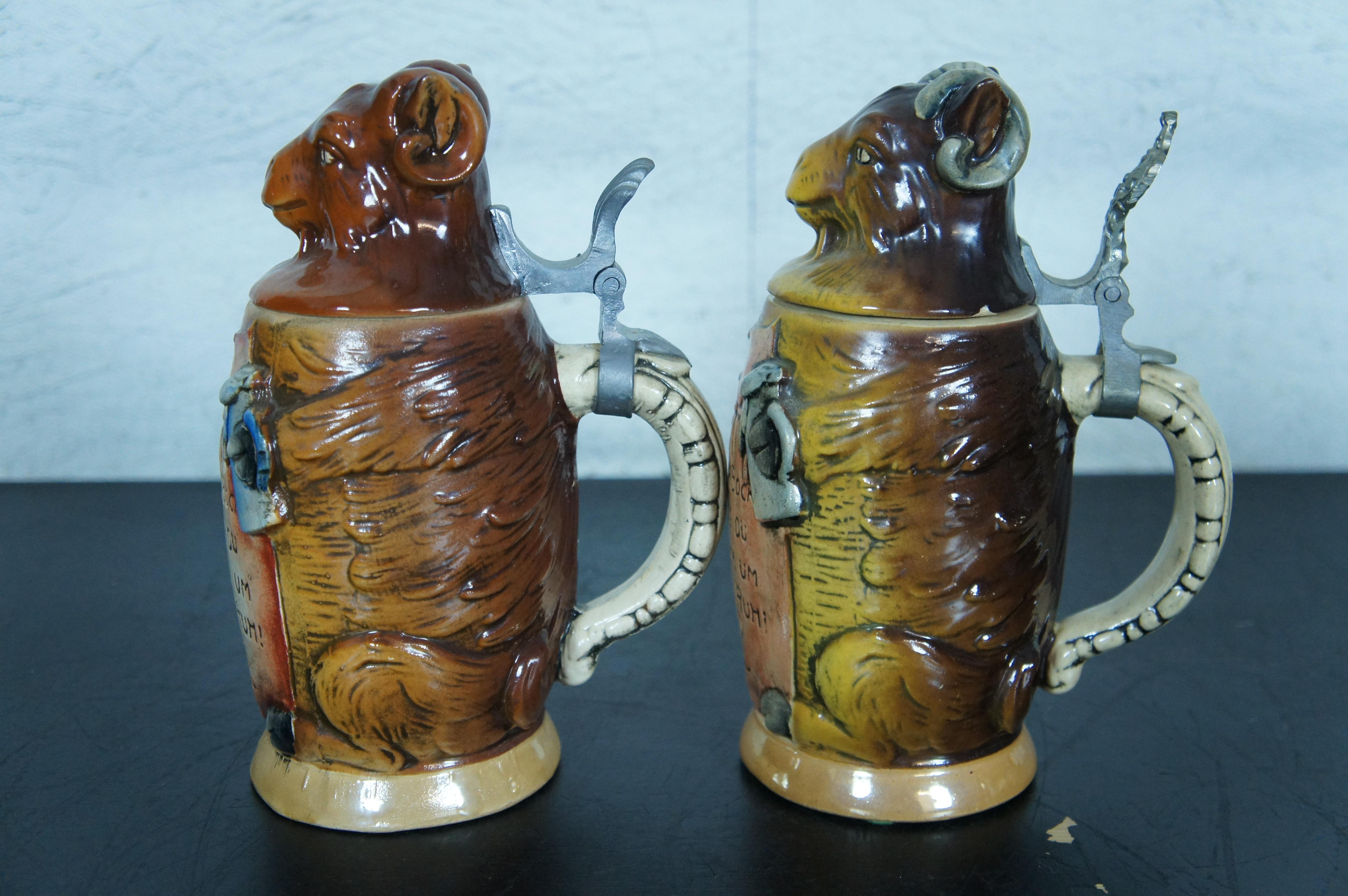 Mid-20th Century 2 Matthias Girmscheid Ceramic Figural Lidded Ram Beer Steins No. 831 Pair 8