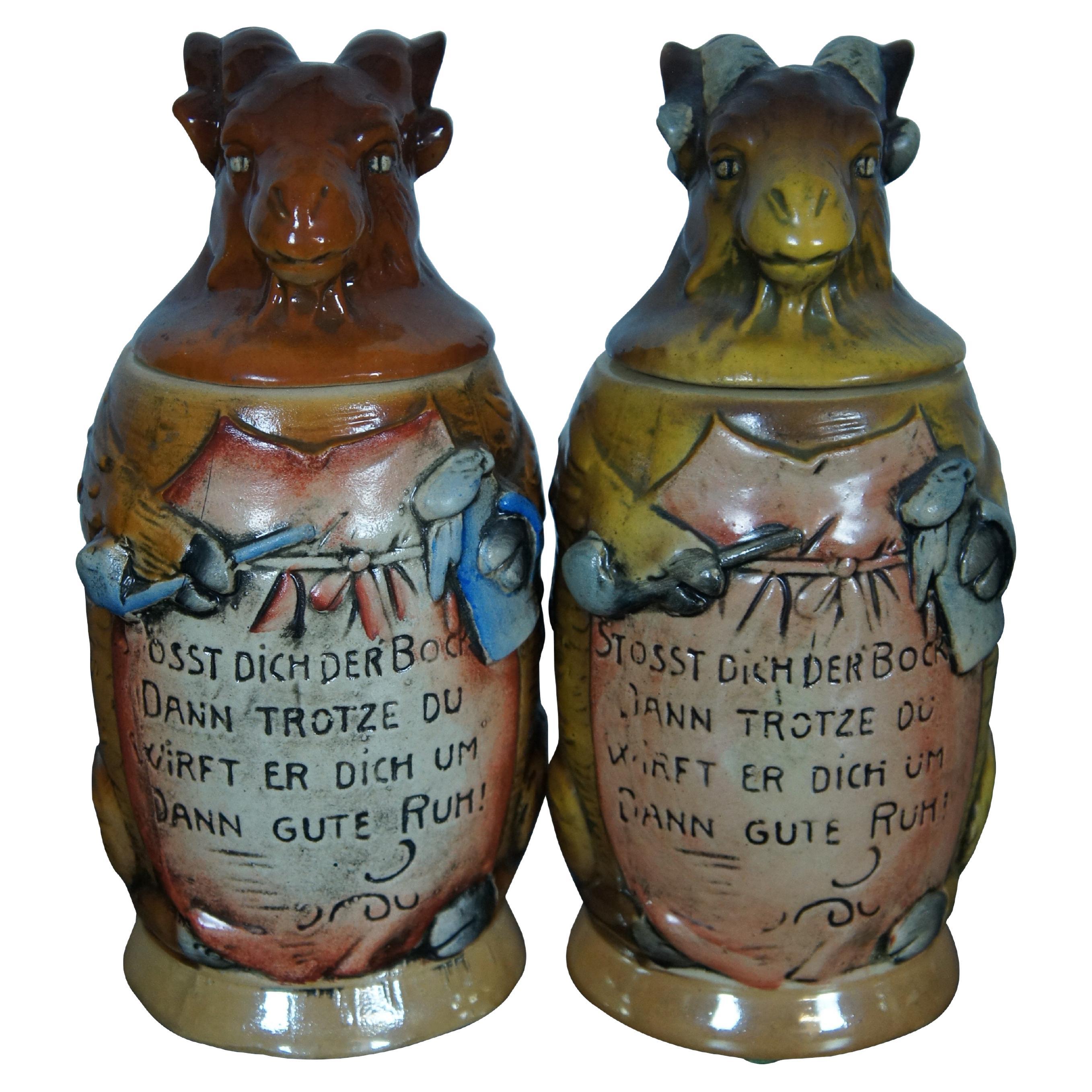 2 Matthias Girmscheid Ceramic Figural Lidded Ram Beer Steins No. 831 Pair 8"