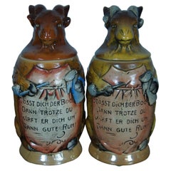 2 Matthias Girmscheid Ceramic Figural Lidded Ram Beer Steins No. 831 Pair 8"