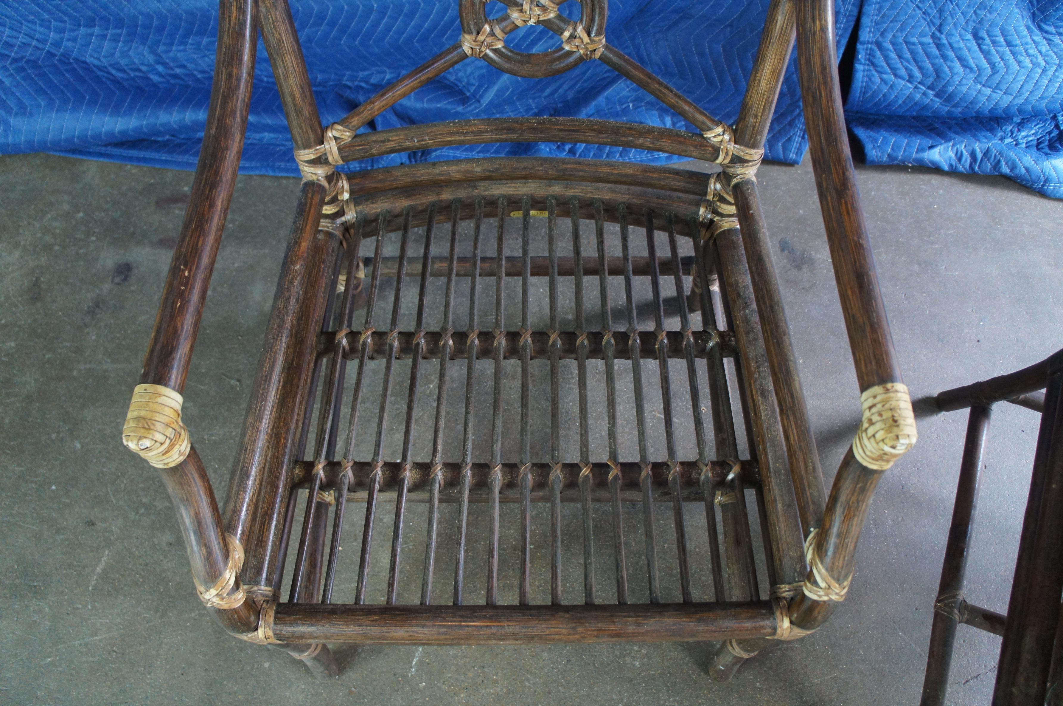 2 McGuire Chinese Chippendale Target Back Bamboo Rattan Game Lounge Arm Chairs  2