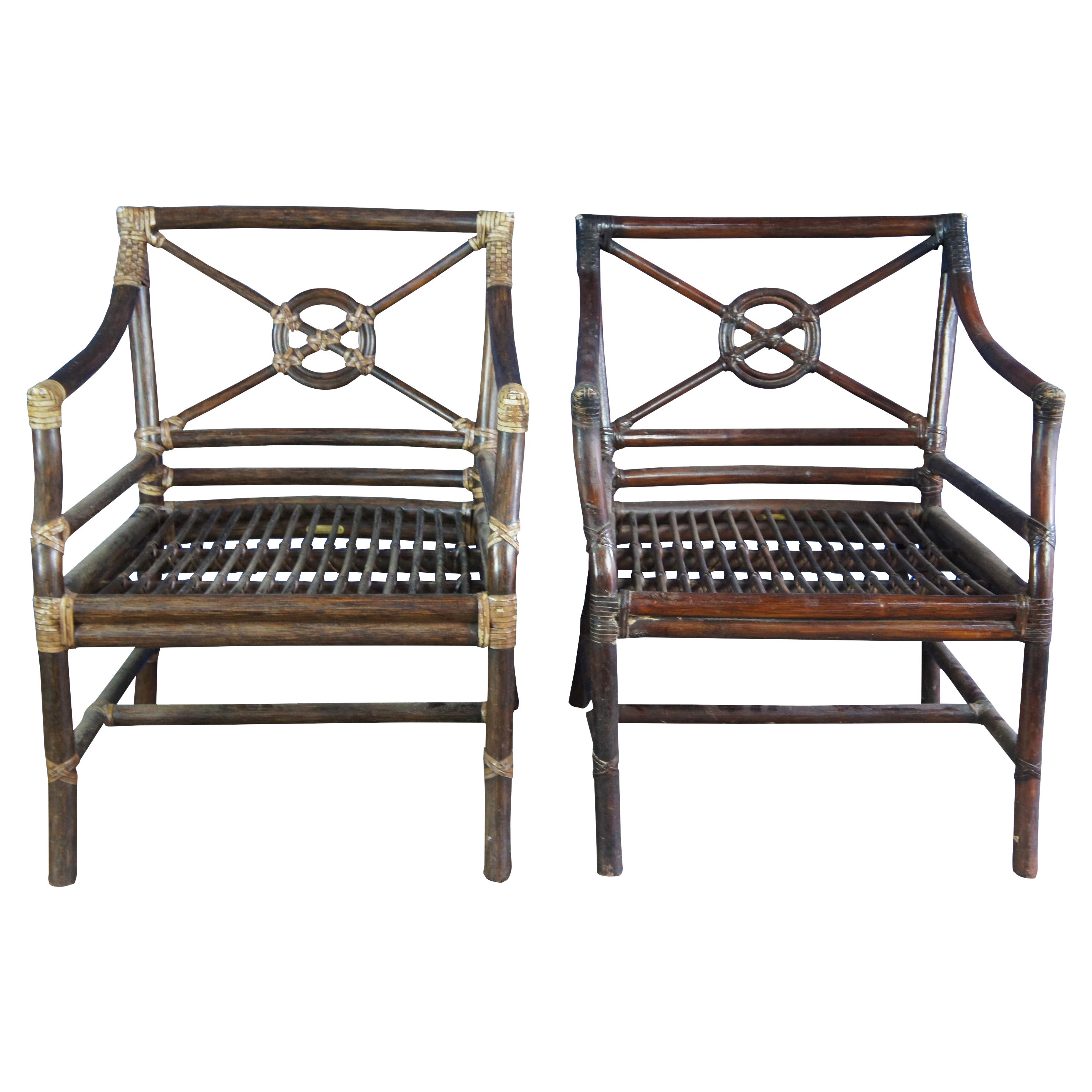 2 McGuire Chinese Chippendale Target Back Bamboo Rattan Game Lounge Arm Chairs