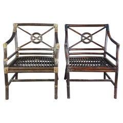 2 McGuire Chinese Chippendale Target Back Bamboo Rattan Game Lounge Arm Chairs