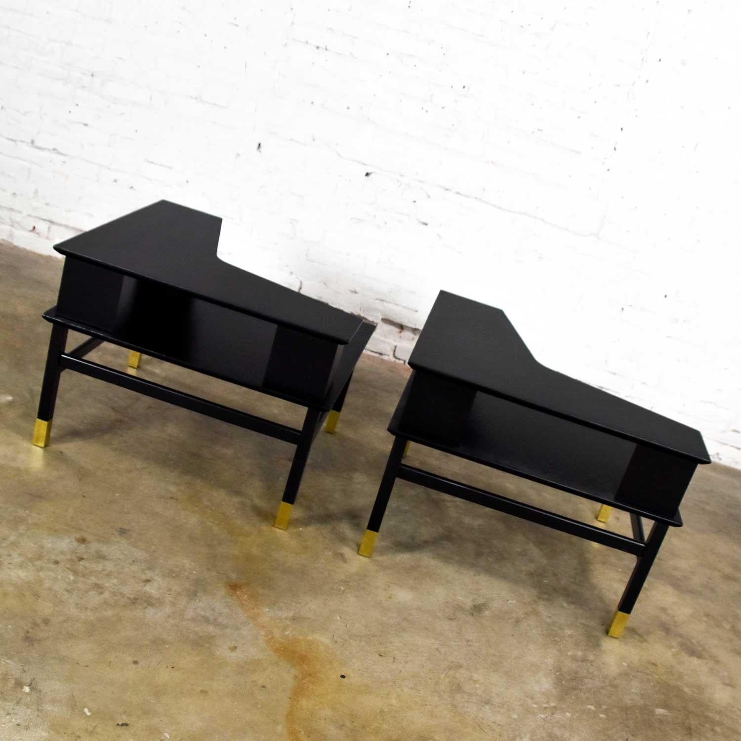 20th Century 2 MCM Founders Corner Step Tables Black Brass Sabots Coronado Grp Luther Draper  For Sale