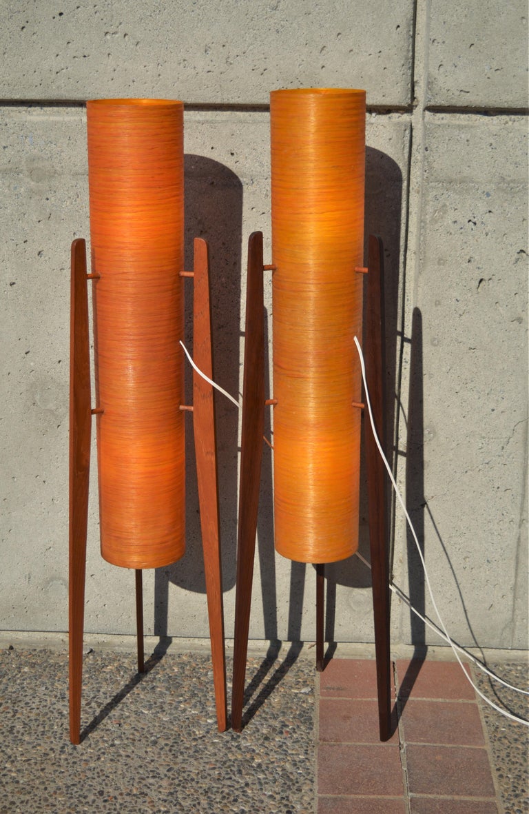 MCM Teak Tripod Floor Lamp W/ Orange Fiberglass Shades-by Sir Terence