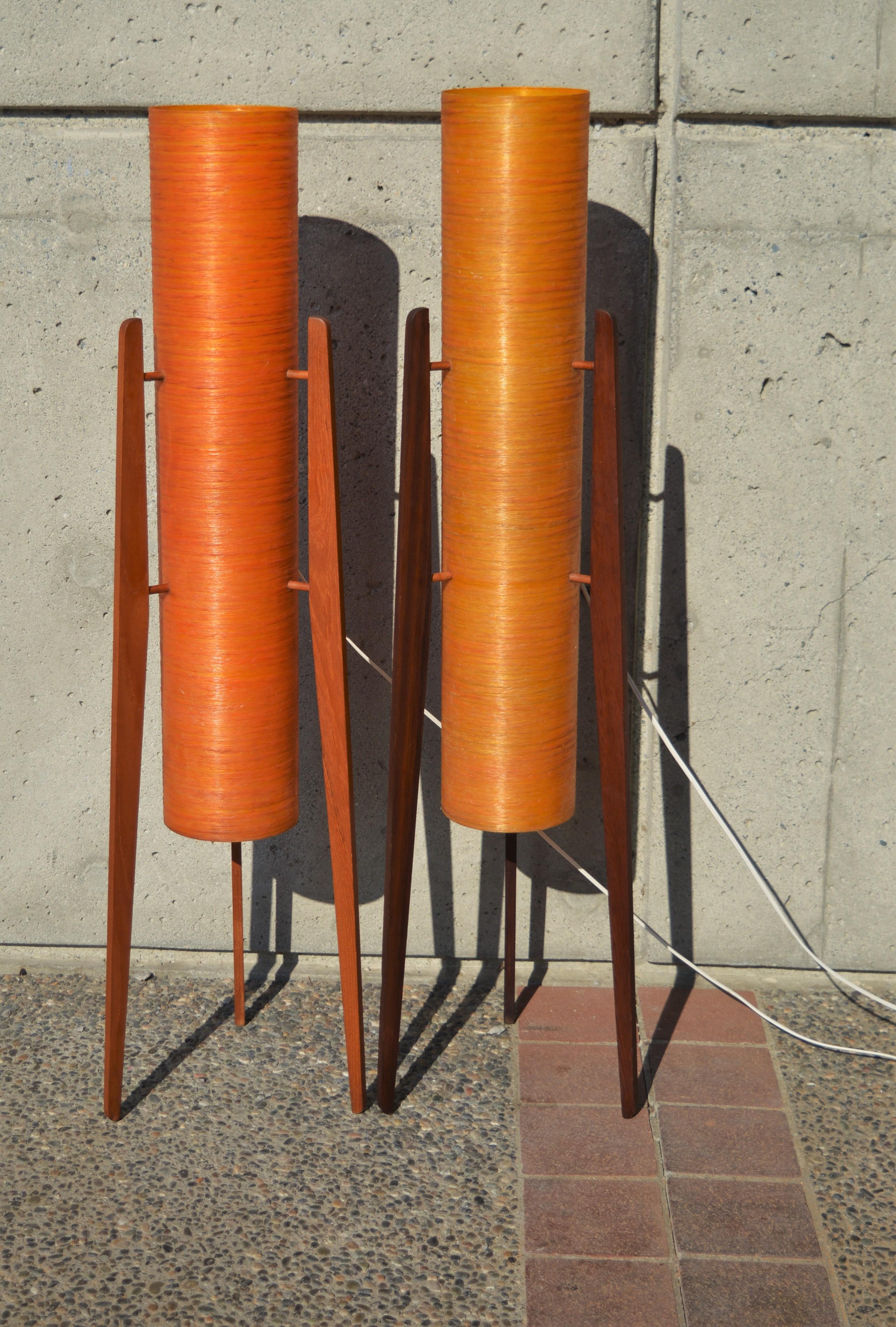 MCM Teak Tripod Floor Lamp W/ Orange Fiberglass Shades-by Sir Terence Conran 7