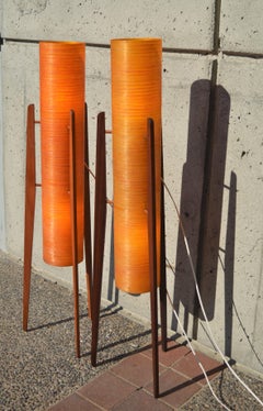 MCM Teak Tripod Floor Lamp W/ Orange Fiberglass Shades-by Sir Terence Conran