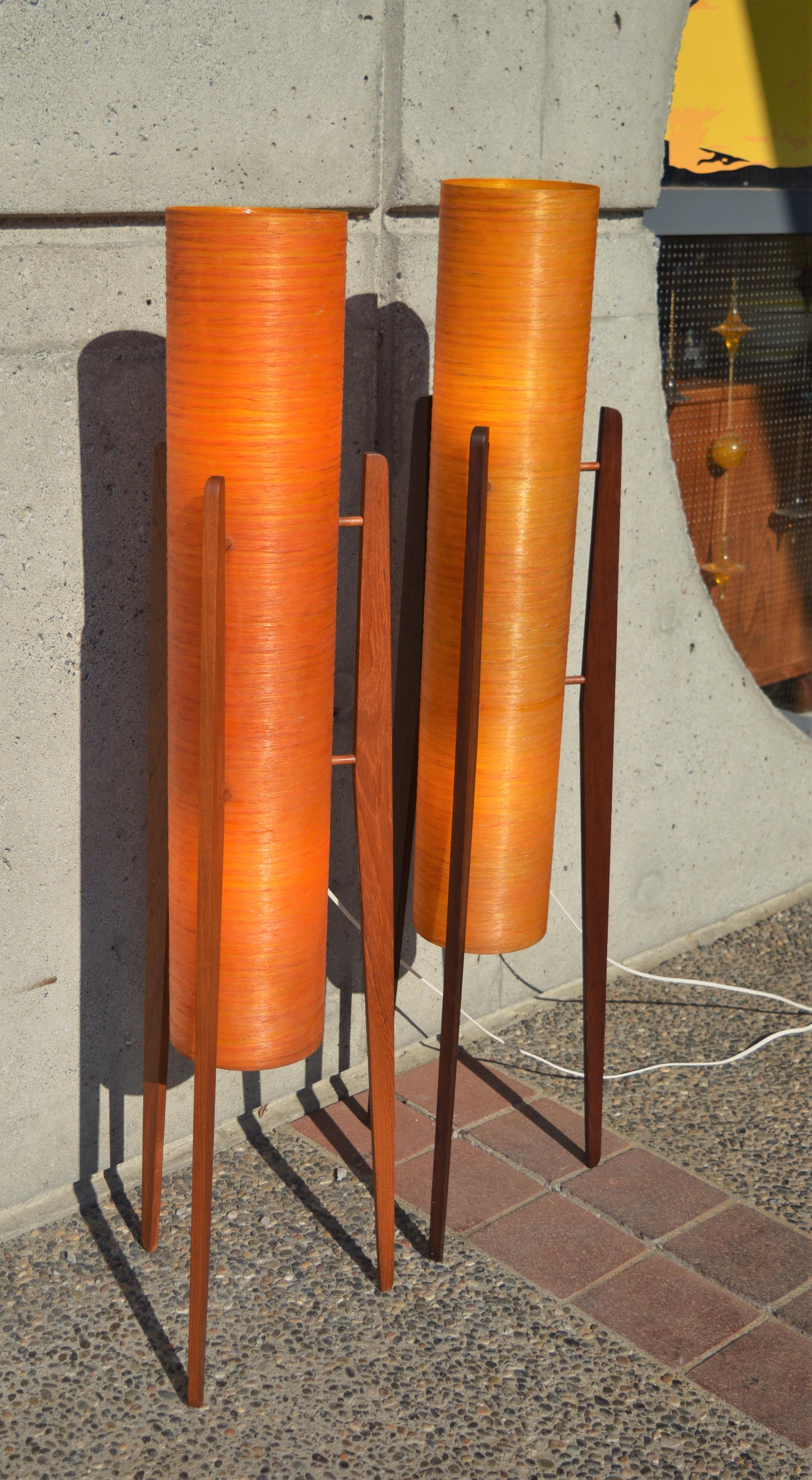 Mid-Century Modern MCM Teak Tripod Floor Lamp W/ Orange Fiberglass Shades-by Sir Terence Conran