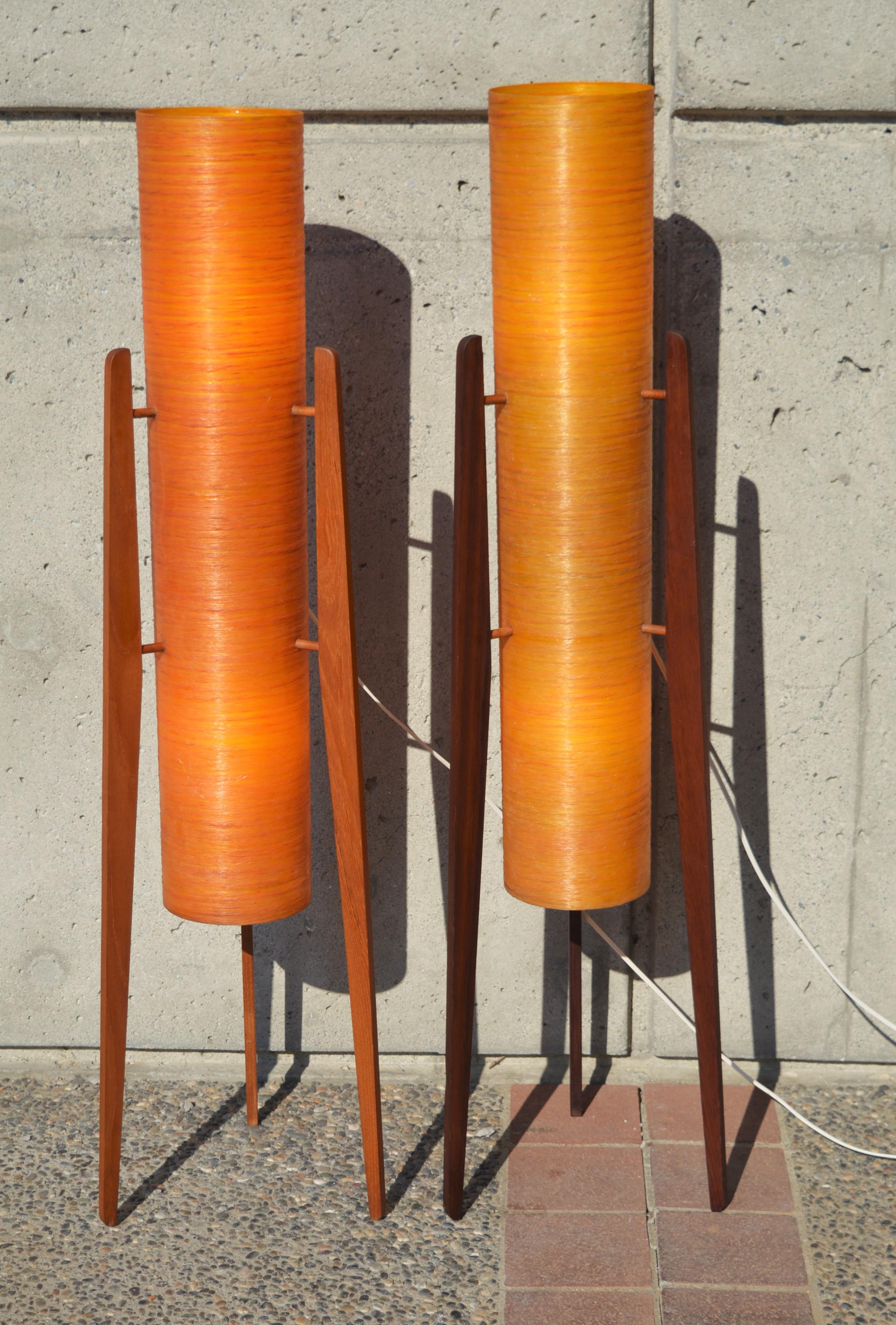 Czech MCM Teak Tripod Floor Lamp W/ Orange Fiberglass Shades-by Sir Terence Conran